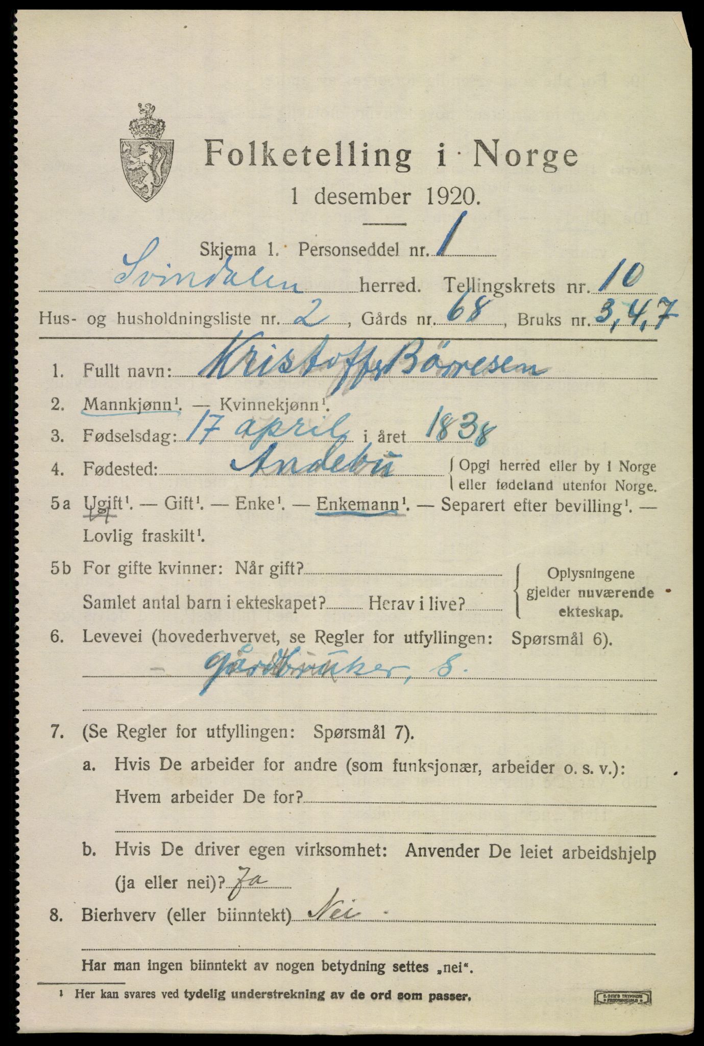 SAKO, 1920 census for Andebu, 1920, p. 4082