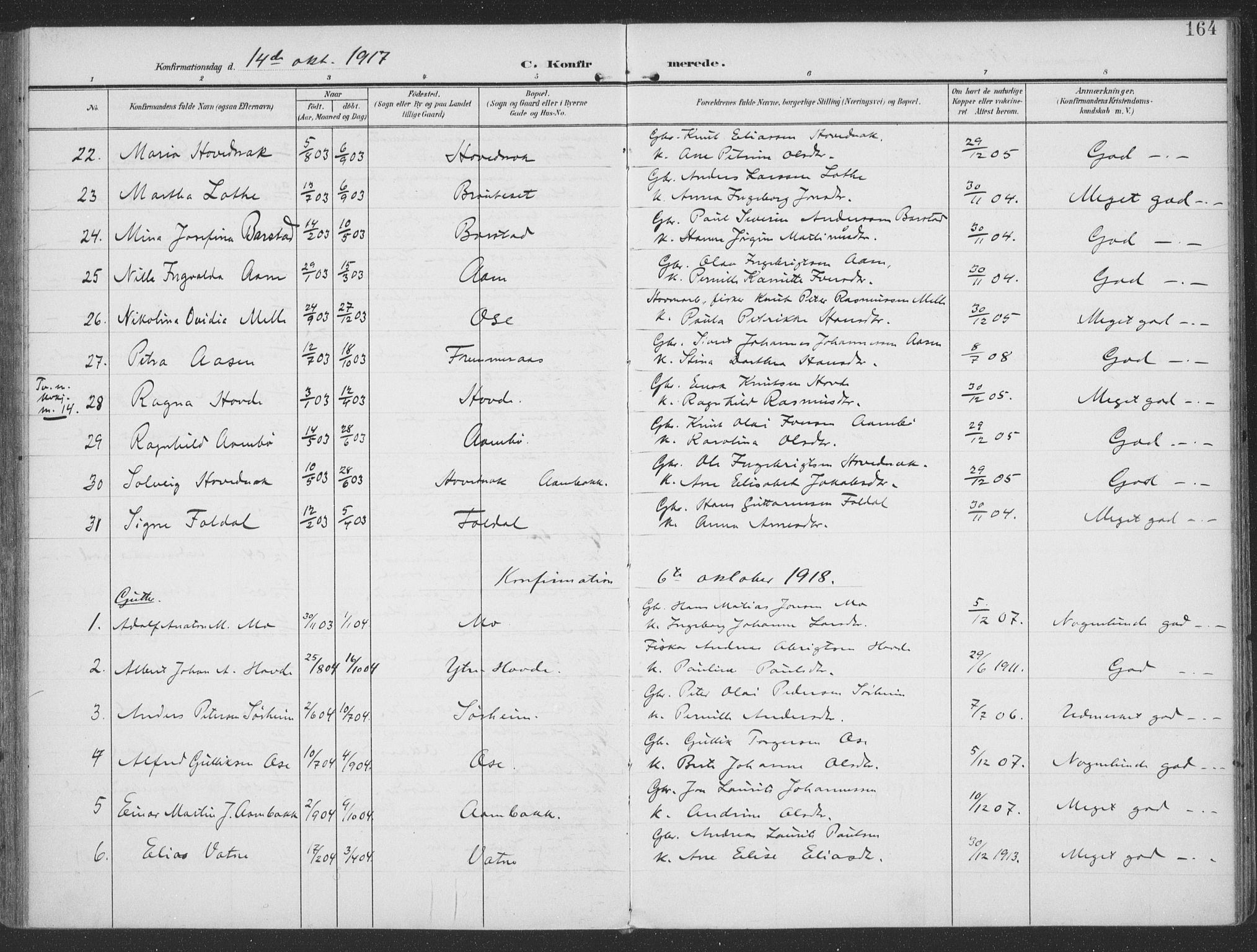Ministerialprotokoller, klokkerbøker og fødselsregistre - Møre og Romsdal, SAT/A-1454/513/L0178: Parish register (official) no. 513A05, 1906-1919, p. 164