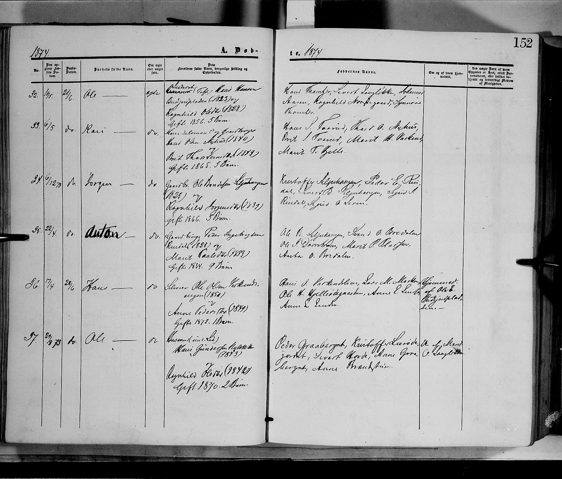 Dovre prestekontor, AV/SAH-PREST-066/H/Ha/Haa/L0001: Parish register (official) no. 1, 1854-1878, p. 152