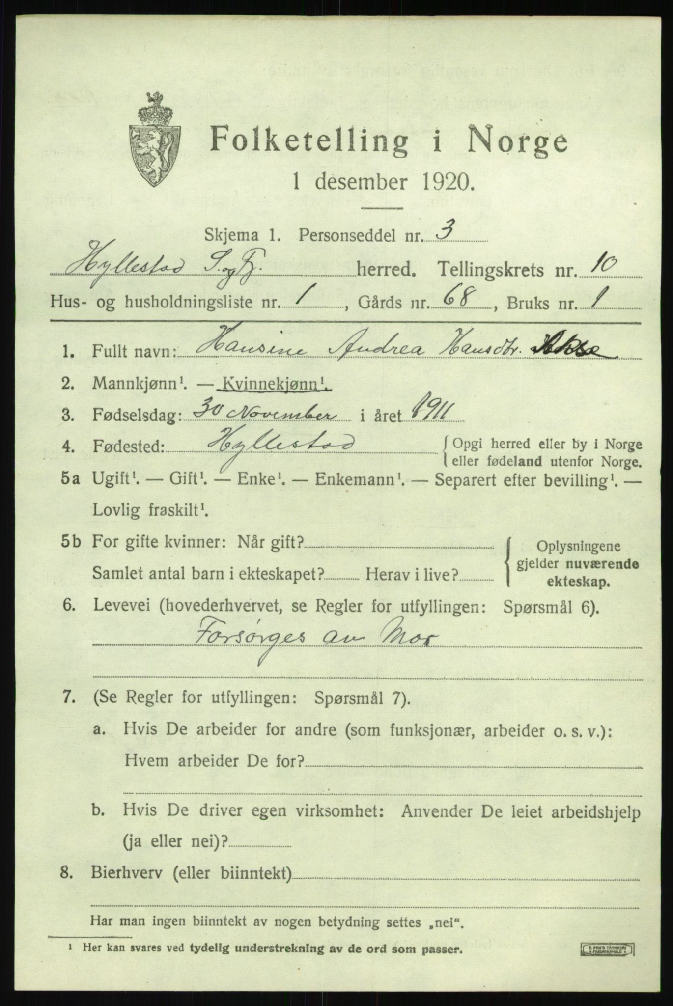 SAB, 1920 census for Hyllestad, 1920, p. 3816