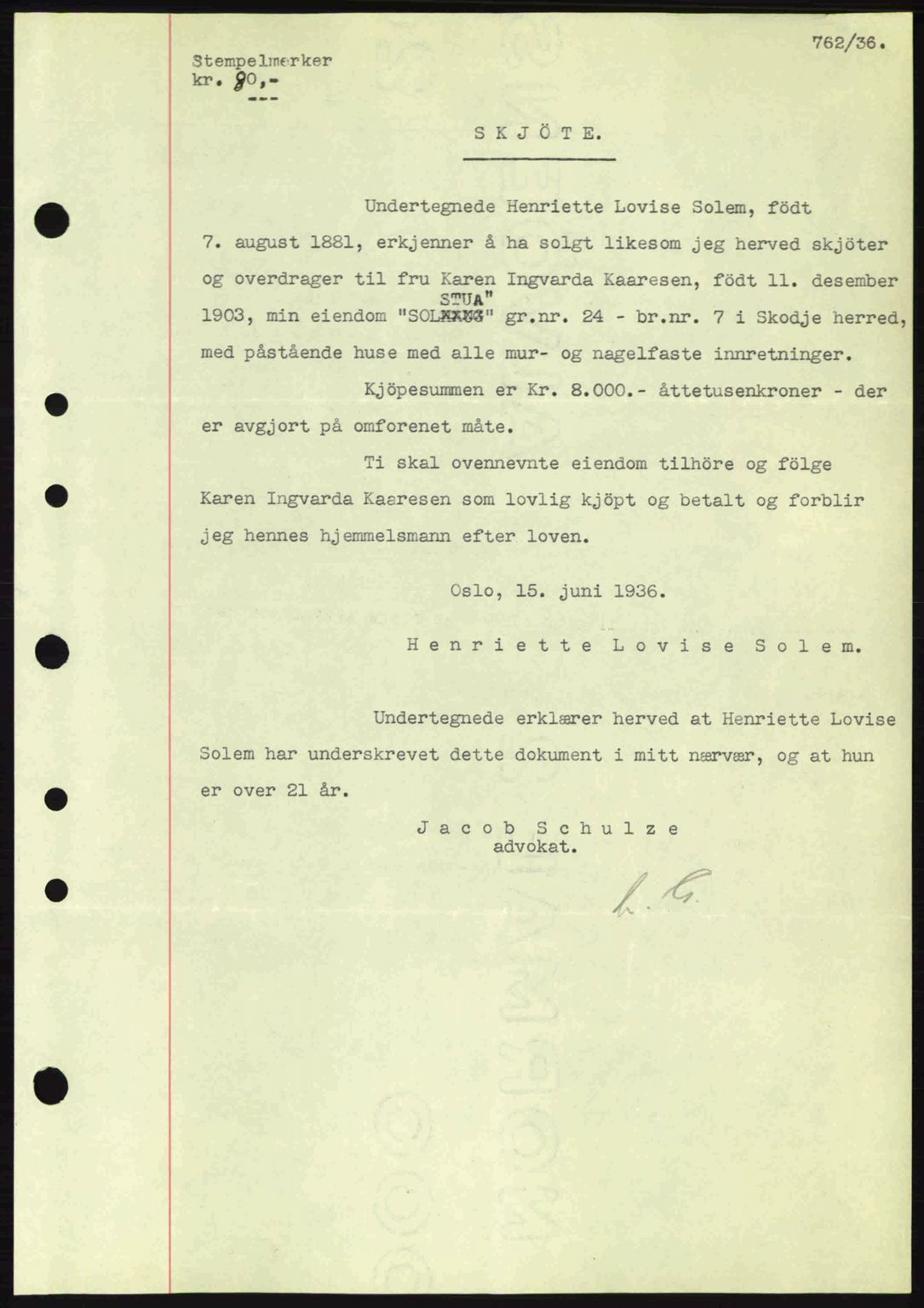 Nordre Sunnmøre sorenskriveri, AV/SAT-A-0006/1/2/2C/2Ca: Mortgage book no. A1, 1936-1936, Diary no: : 762/1936