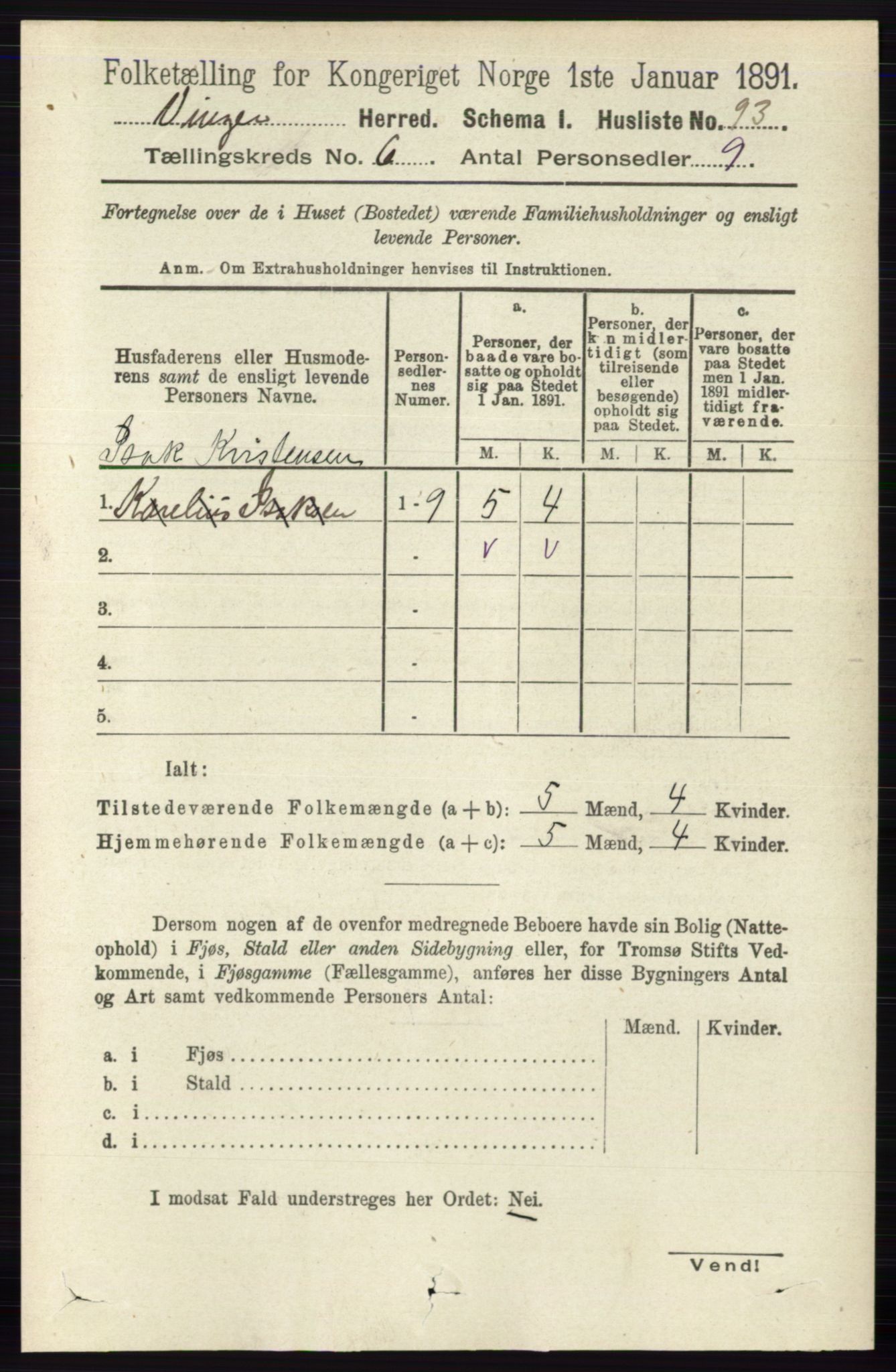 RA, 1891 census for 0421 Vinger, 1891, p. 2606