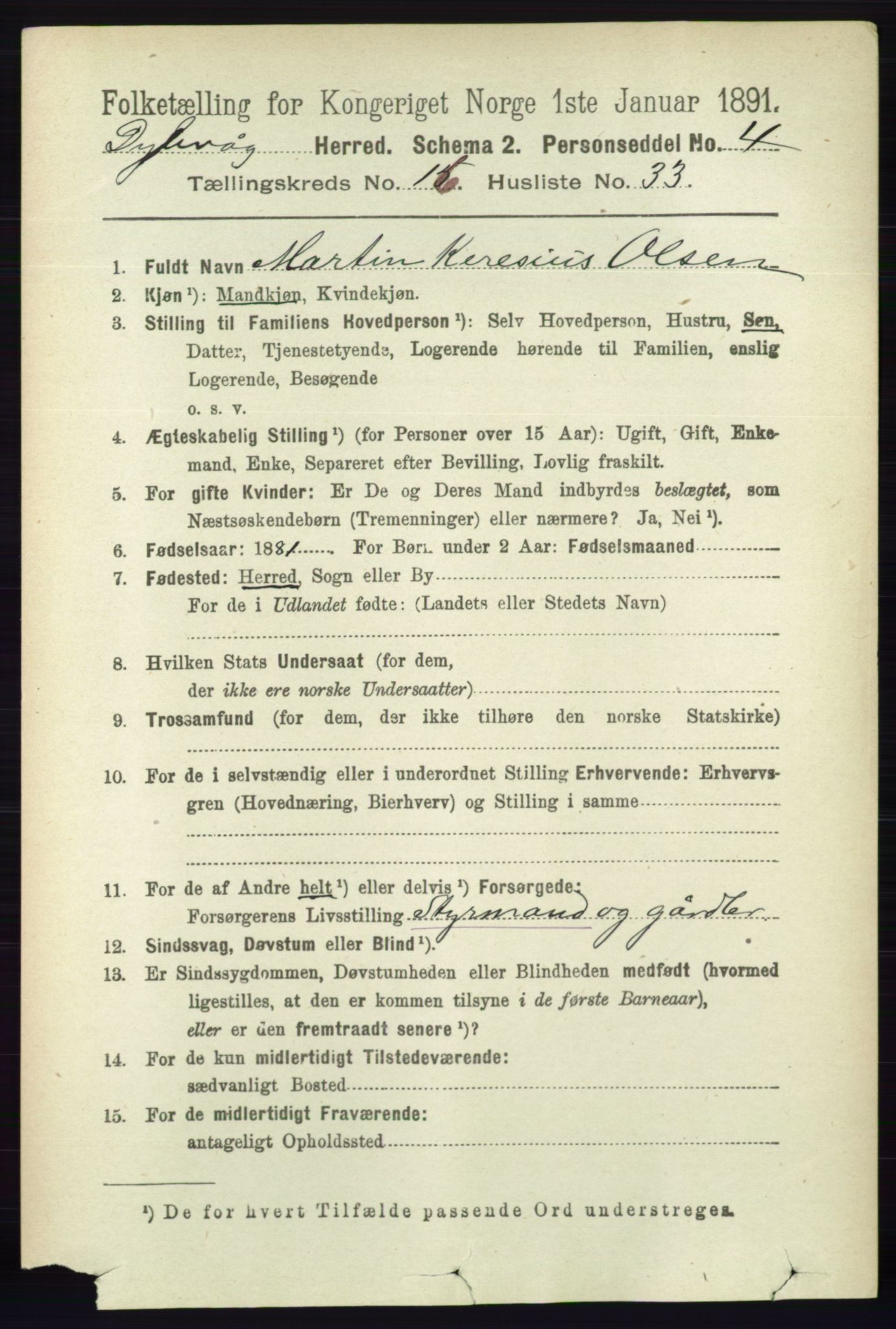 RA, 1891 census for 0915 Dypvåg, 1891, p. 6604