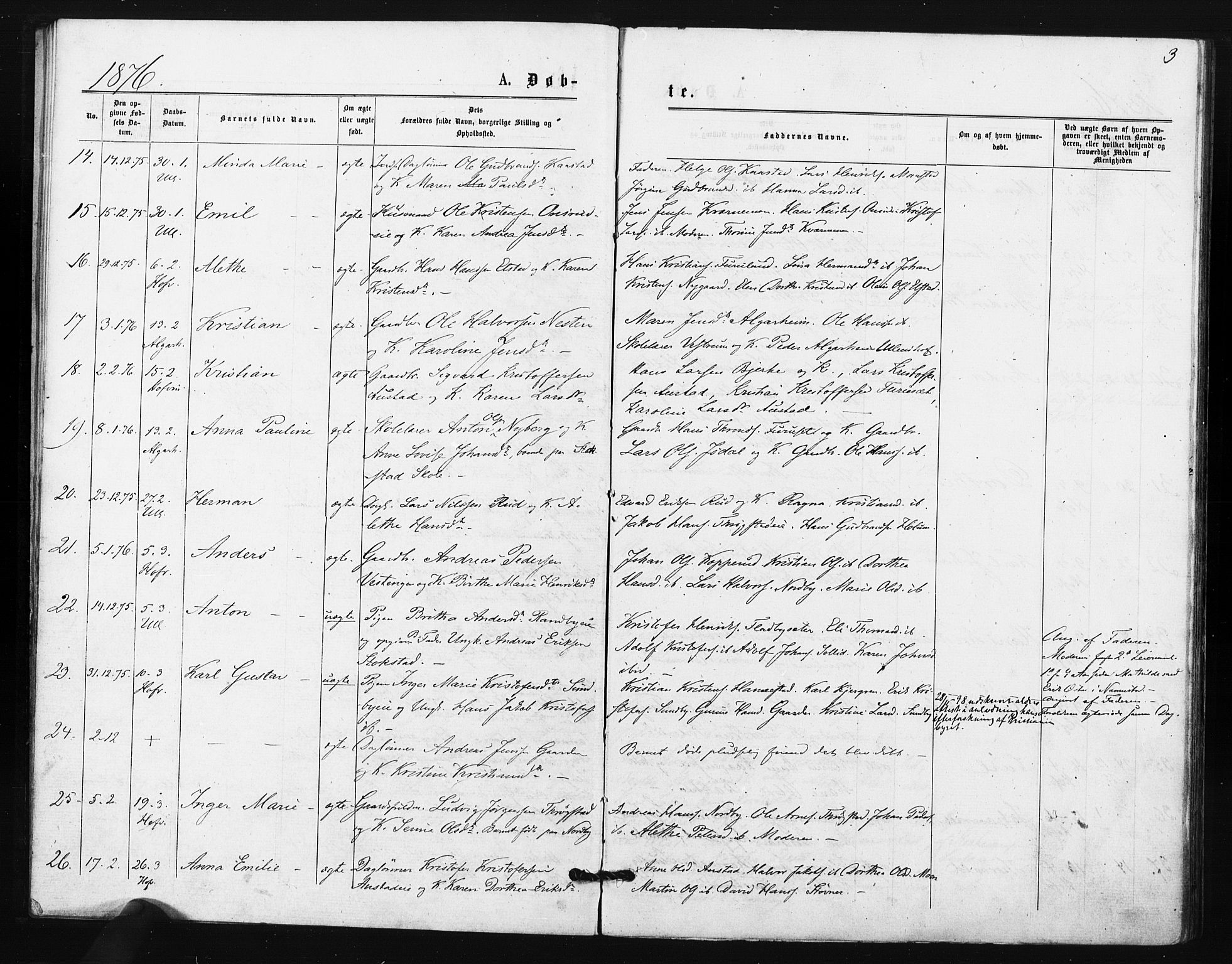 Ullensaker prestekontor Kirkebøker, AV/SAO-A-10236a/F/Fa/L0018: Parish register (official) no. I 18, 1876-1877, p. 3