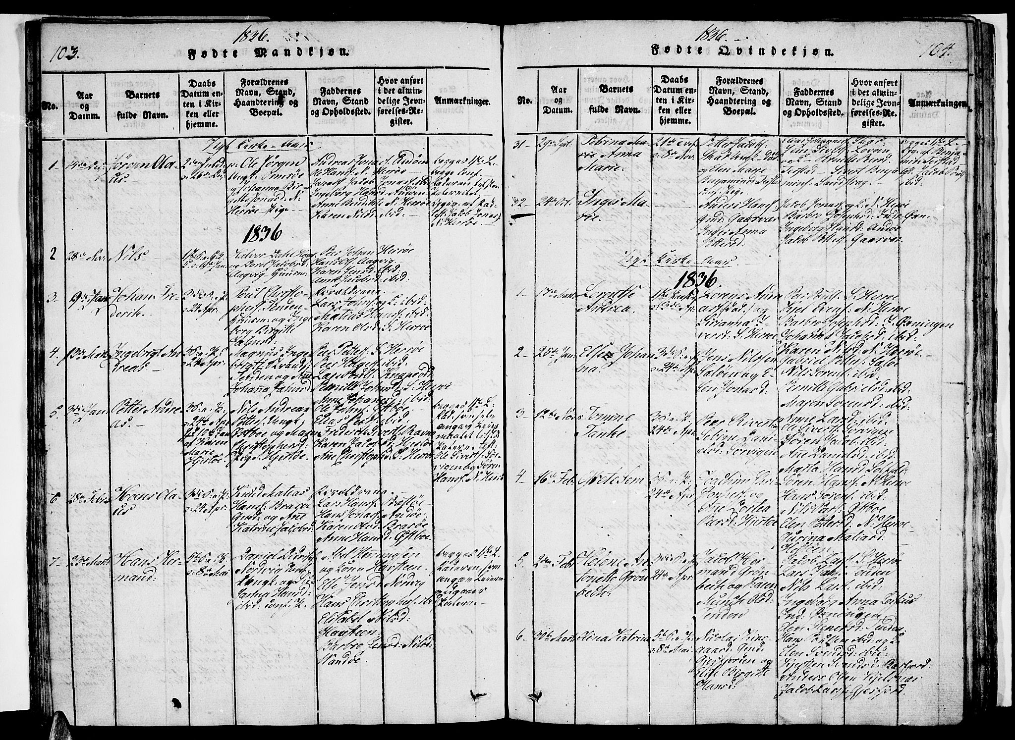 Ministerialprotokoller, klokkerbøker og fødselsregistre - Nordland, AV/SAT-A-1459/834/L0510: Parish register (copy) no. 834C01, 1820-1847, p. 103-104