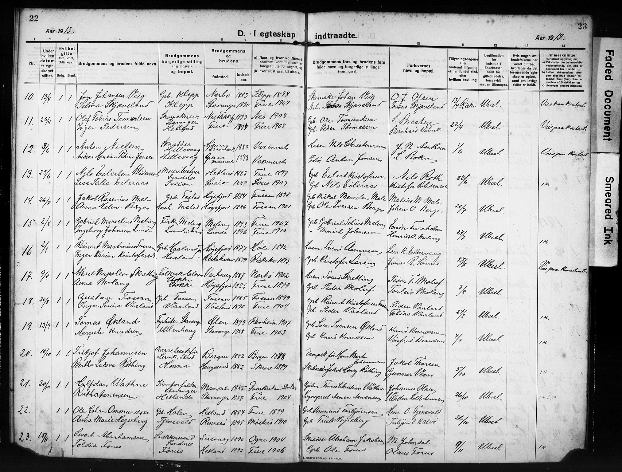 Hetland sokneprestkontor, SAST/A-101826/30/30BB/L0009: Parish register (copy) no. B 9, 1910-1931, p. 22-23