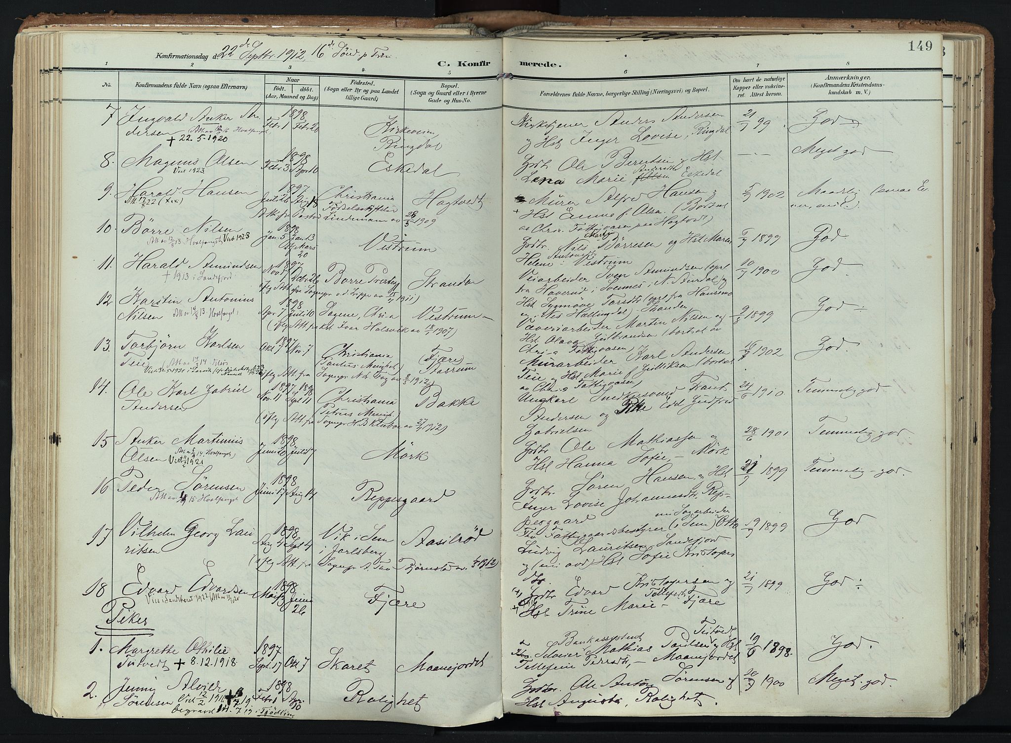 Hedrum kirkebøker, AV/SAKO-A-344/F/Fa/L0010: Parish register (official) no. I 10, 1904-1918, p. 149