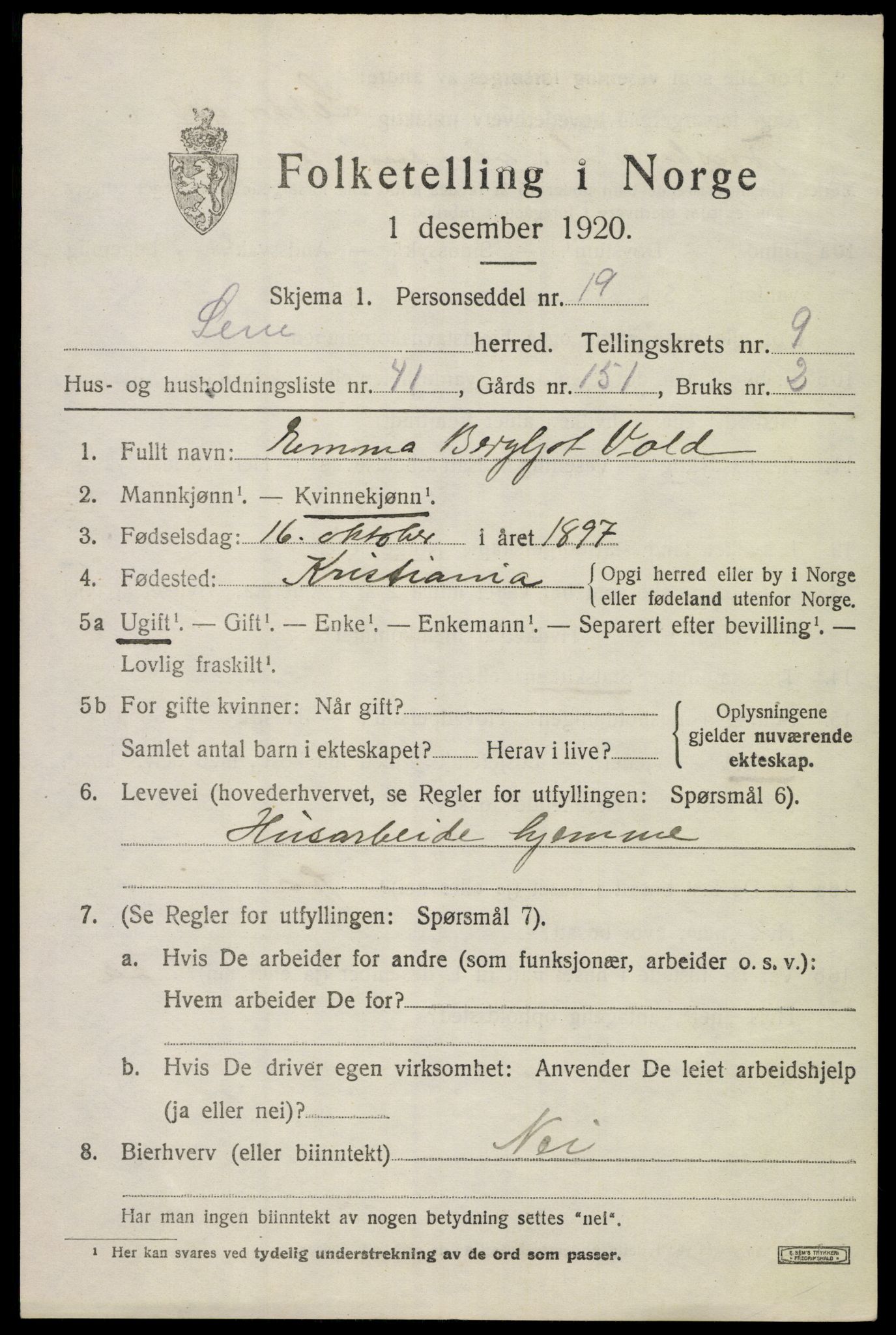 SAKO, 1920 census for Sem, 1920, p. 13009