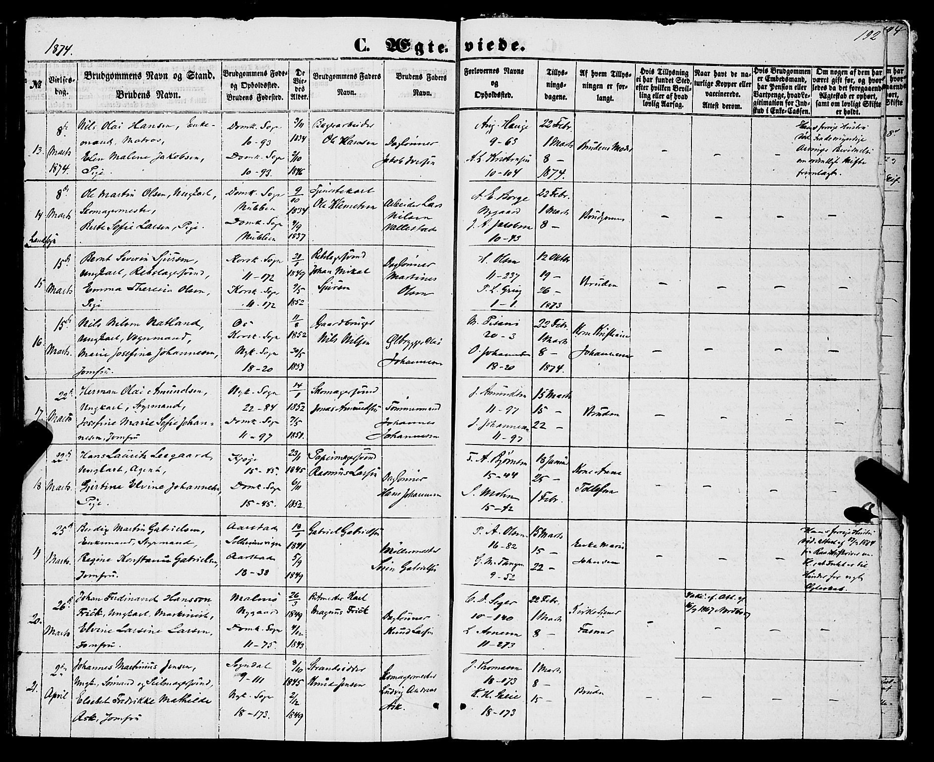 Domkirken sokneprestembete, AV/SAB-A-74801/H/Haa/L0034: Parish register (official) no. D 2, 1853-1874, p. 192