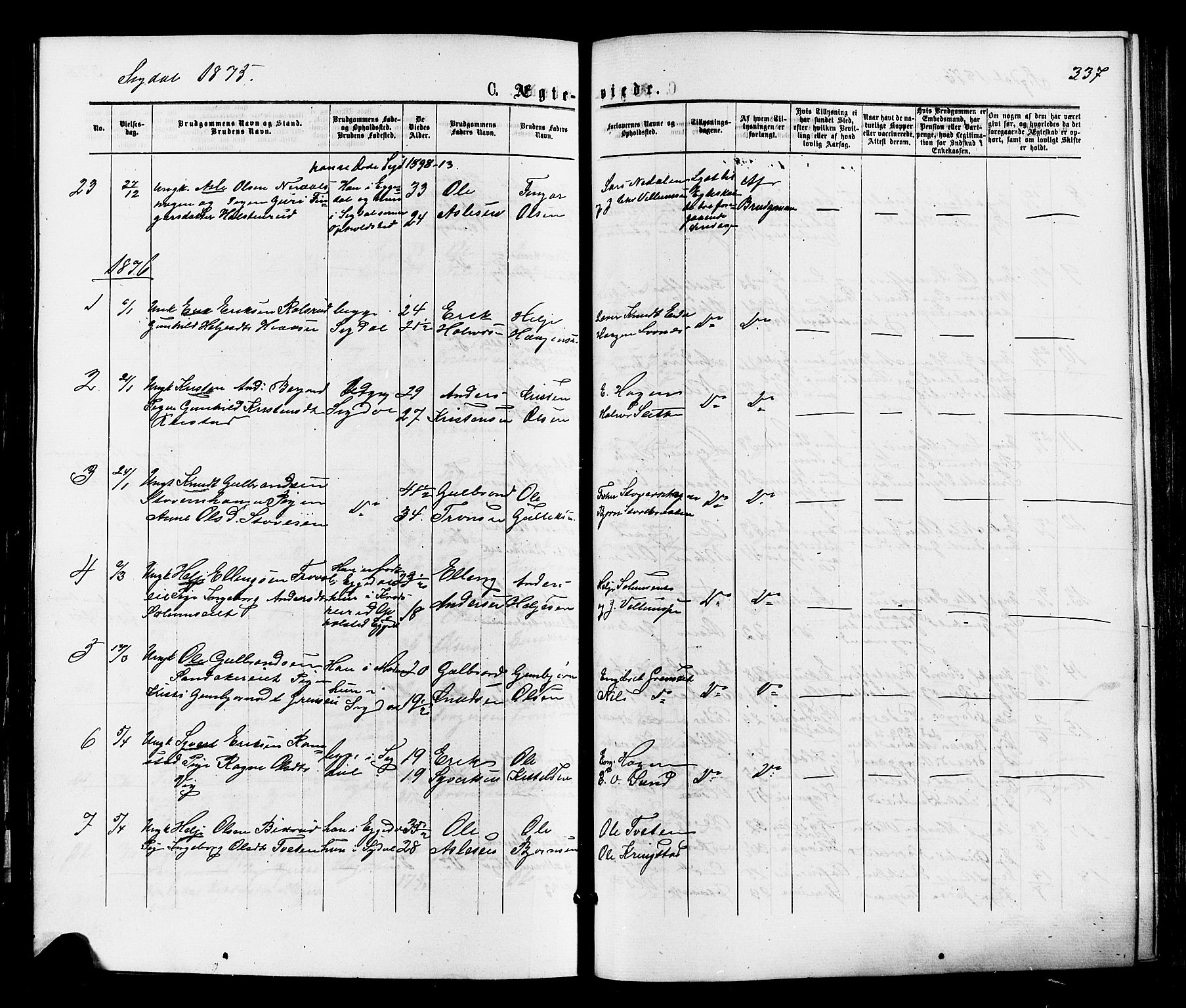 Sigdal kirkebøker, SAKO/A-245/F/Fa/L0010: Parish register (official) no. I 10 /1, 1872-1878, p. 337