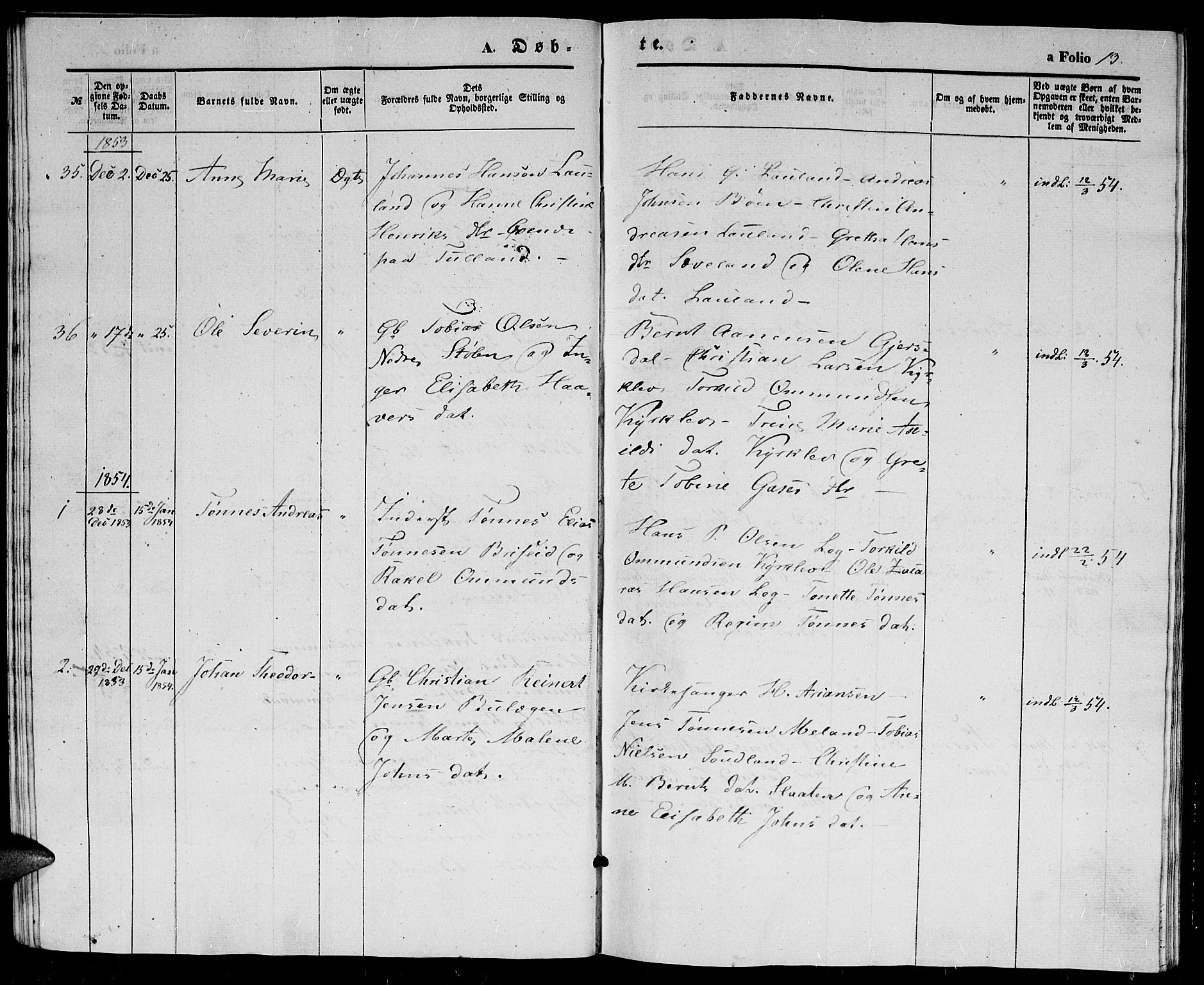 Herad sokneprestkontor, AV/SAK-1111-0018/F/Fb/Fba/L0002: Parish register (copy) no. B 2, 1852-1862, p. 13