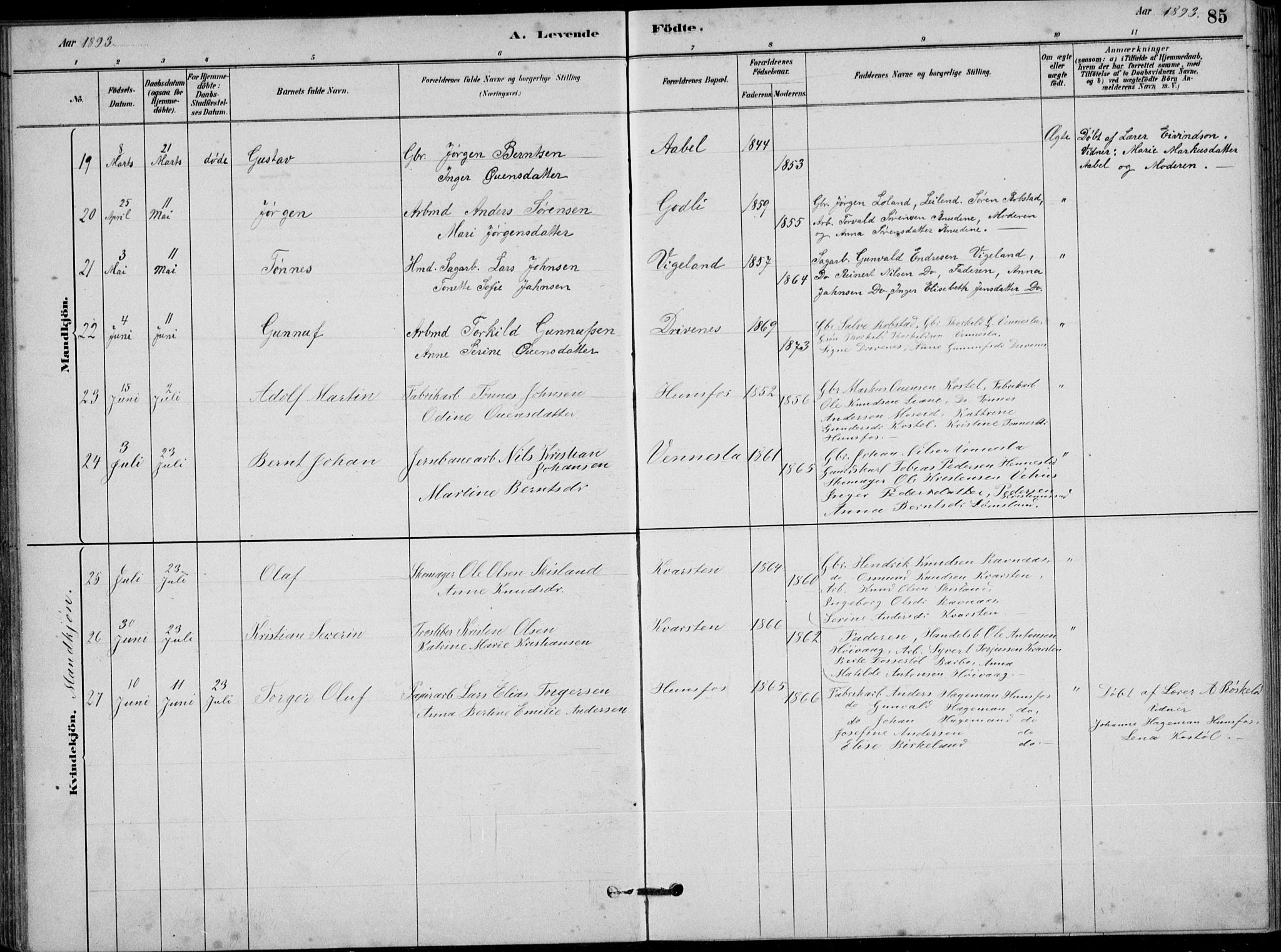 Vennesla sokneprestkontor, AV/SAK-1111-0045/Fb/Fbb/L0003: Parish register (copy) no. B 3, 1879-1893, p. 85