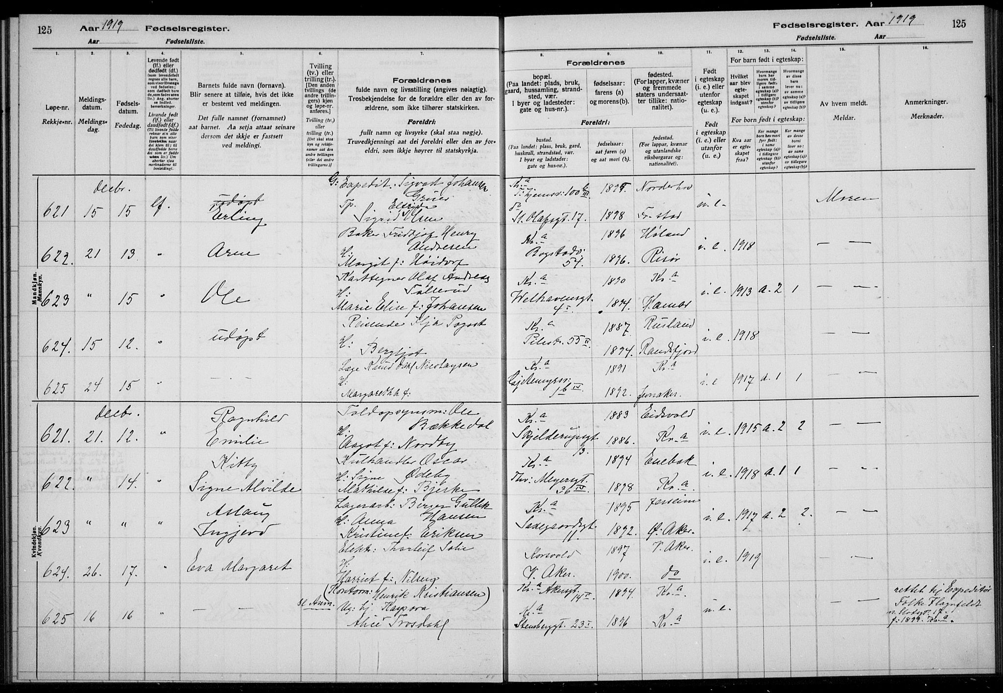 Rikshospitalet prestekontor Kirkebøker, AV/SAO-A-10309b/J/L0004: Birth register no. 4, 1919-1919, p. 125