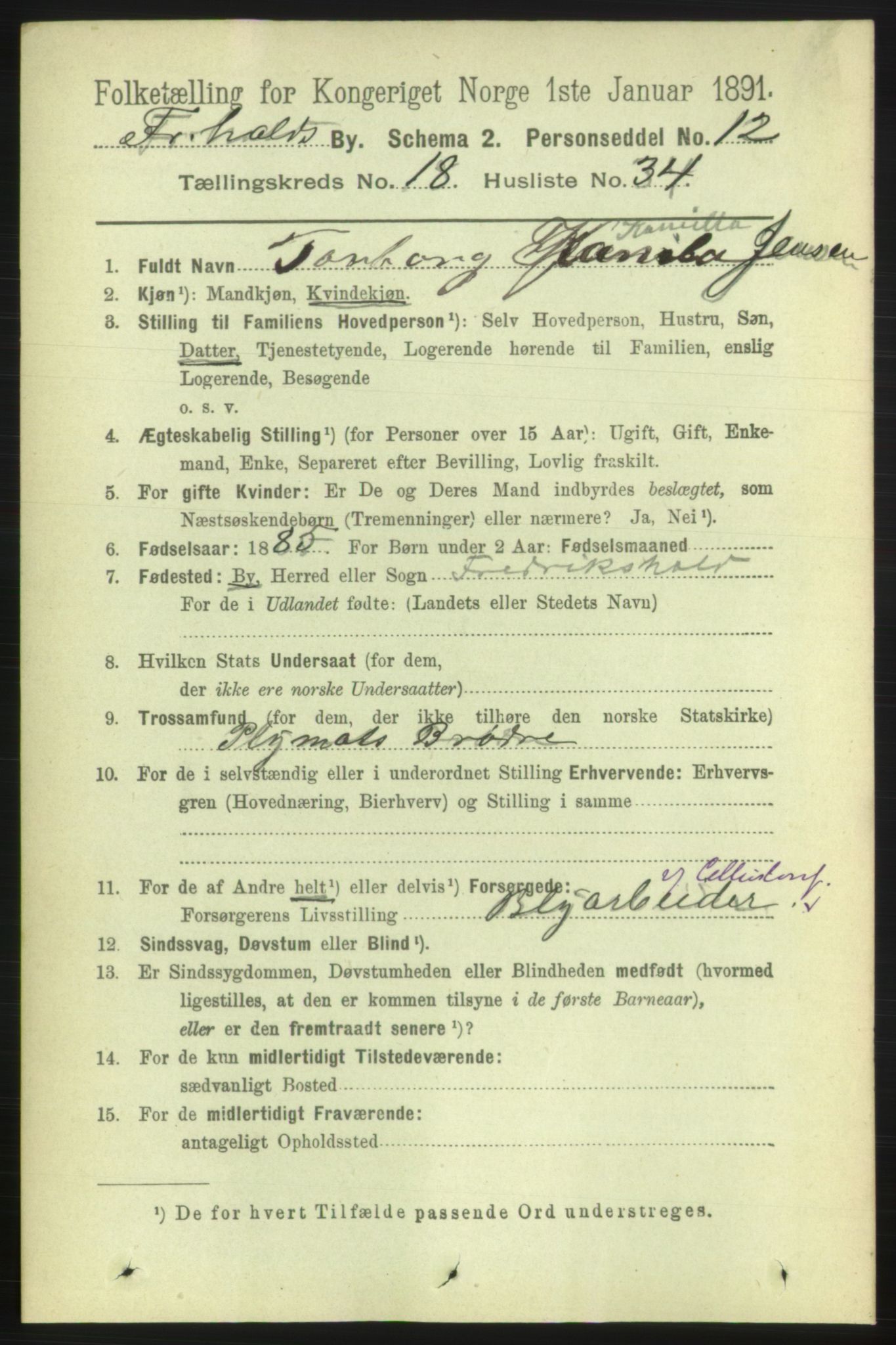 RA, 1891 census for 0101 Fredrikshald, 1891, p. 11854