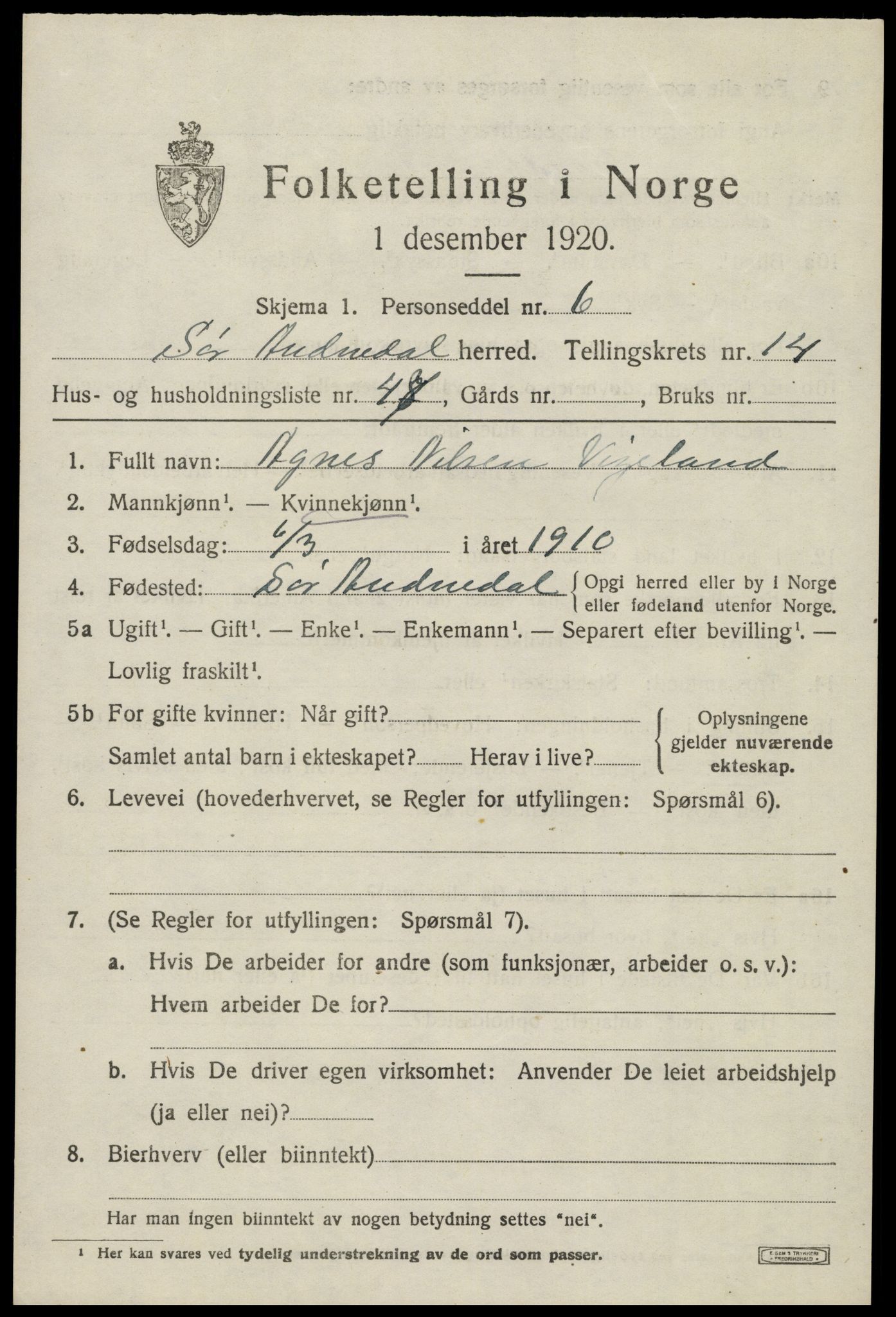 SAK, 1920 census for Sør-Audnedal, 1920, p. 5627