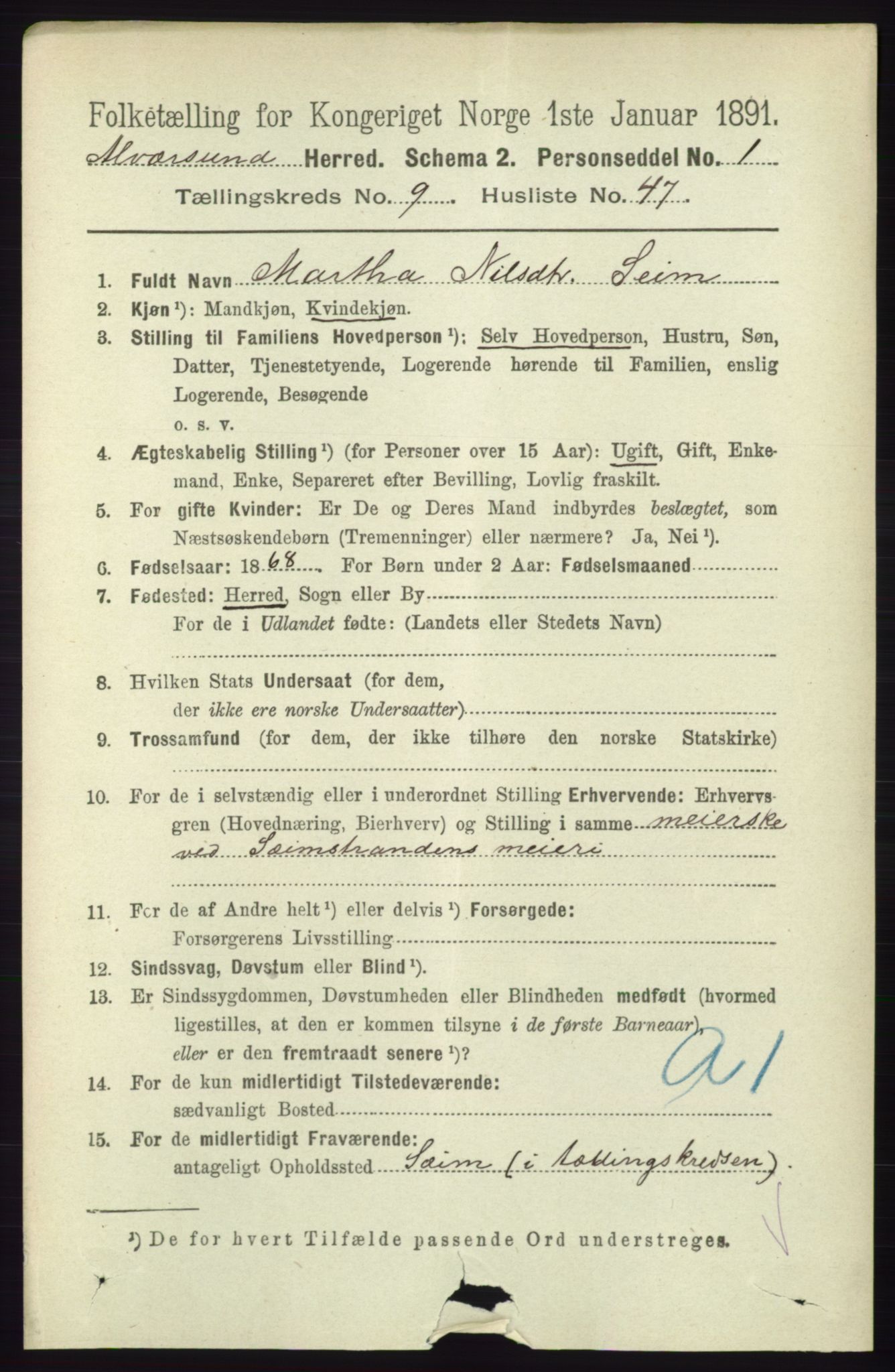 RA, 1891 census for 1257 Alversund, 1891, p. 3422