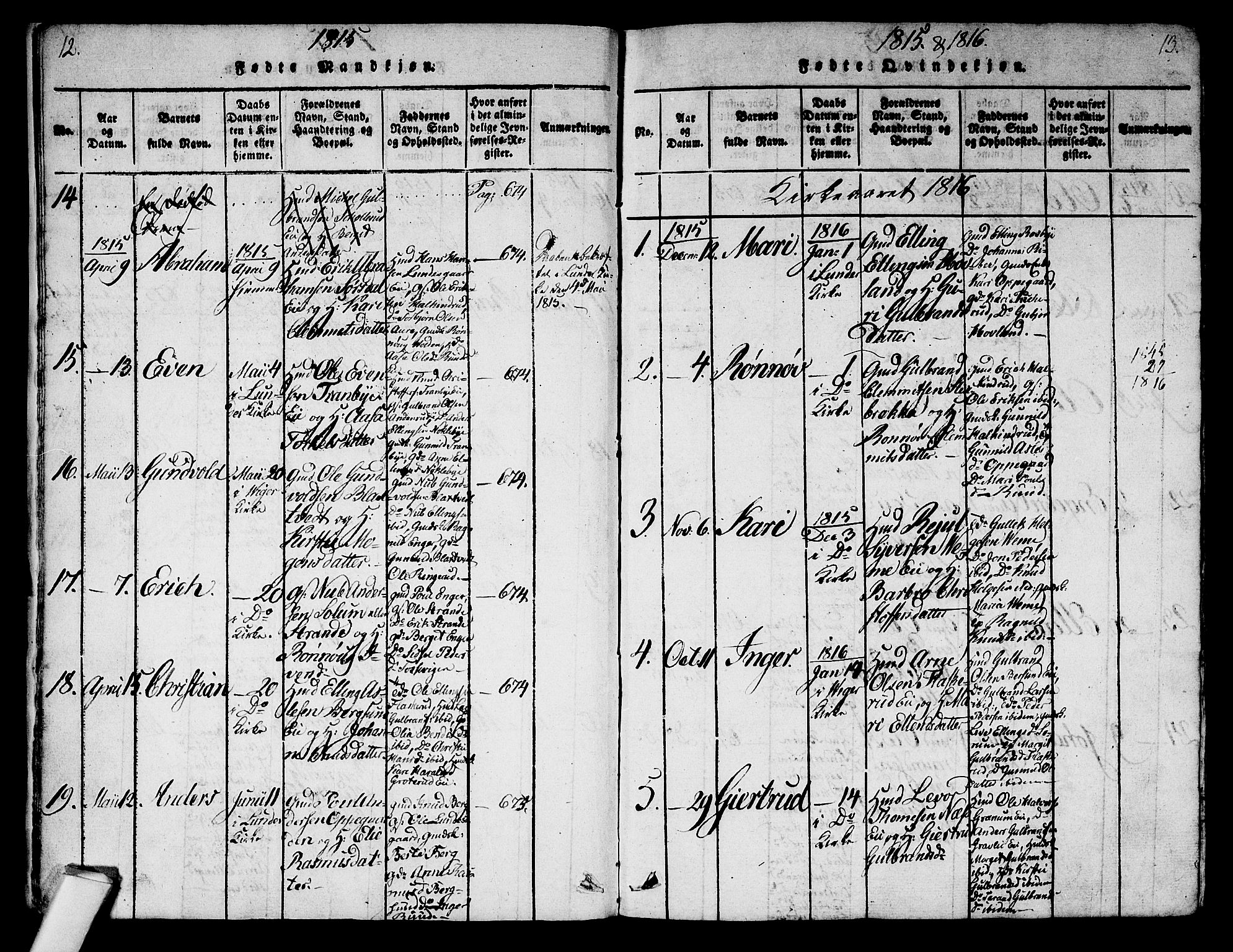 Norderhov kirkebøker, SAKO/A-237/G/Ga/L0003: Parish register (copy) no. I 3 /2, 1814-1876, p. 12-13