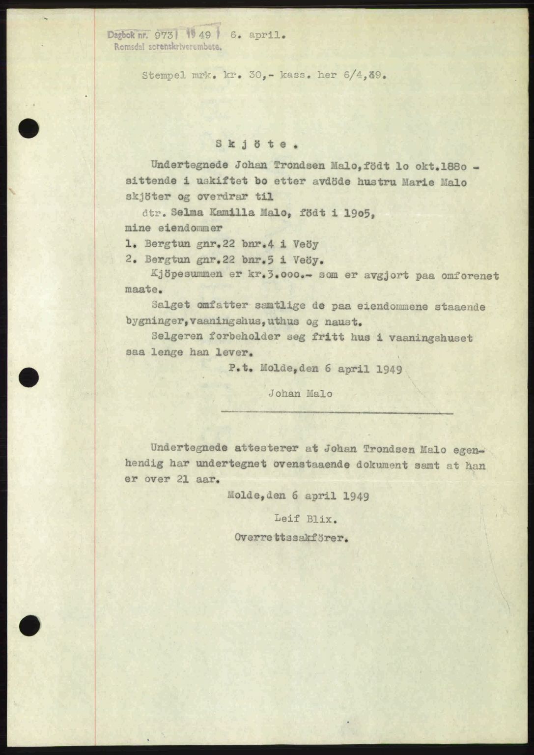 Romsdal sorenskriveri, AV/SAT-A-4149/1/2/2C: Mortgage book no. A29, 1949-1949, Diary no: : 973/1949