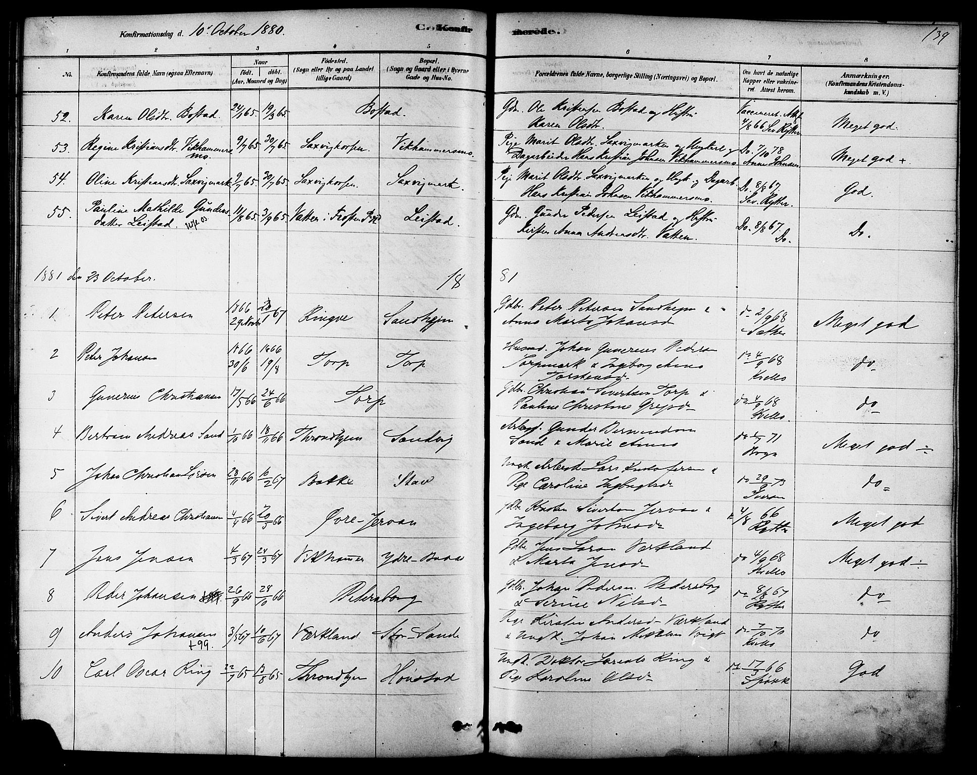 Ministerialprotokoller, klokkerbøker og fødselsregistre - Sør-Trøndelag, SAT/A-1456/616/L0410: Parish register (official) no. 616A07, 1878-1893, p. 139