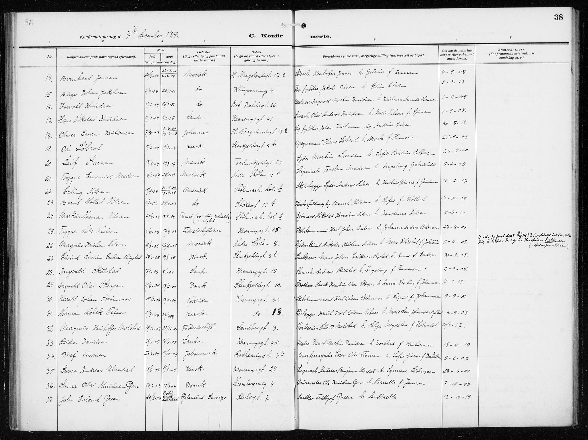 Mariakirken Sokneprestembete, AV/SAB-A-76901/H/Haa/L0015: Parish register (official) no. C 3, 1913-1927, p. 38