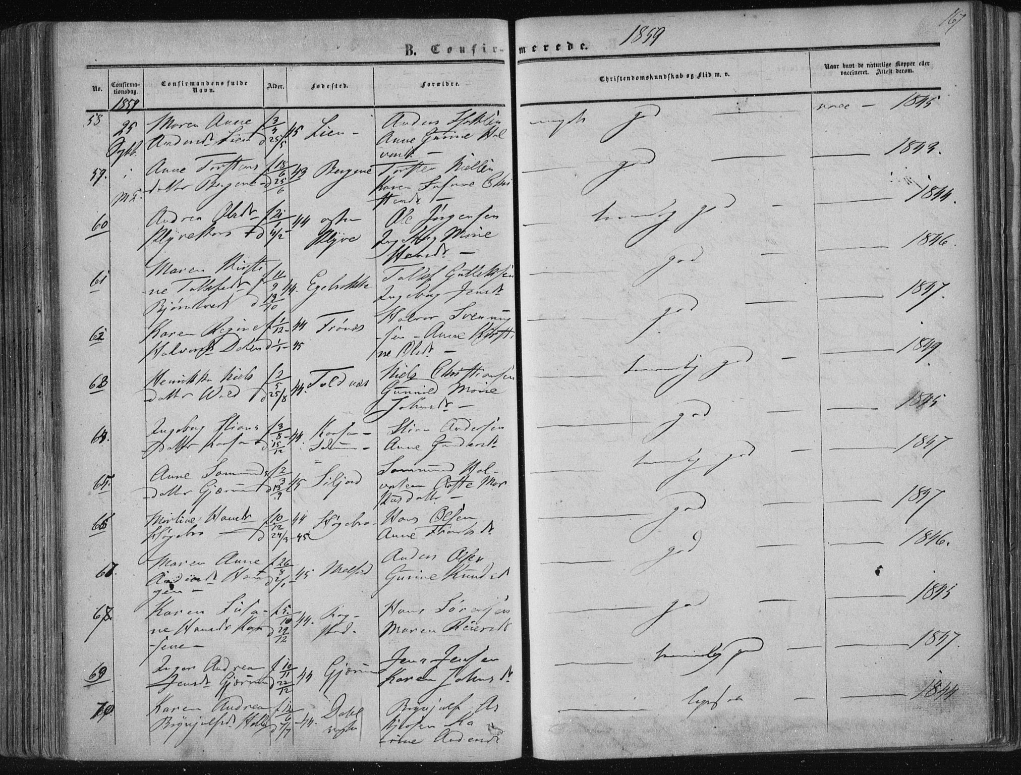 Solum kirkebøker, SAKO/A-306/F/Fa/L0007: Parish register (official) no. I 7, 1856-1864, p. 167