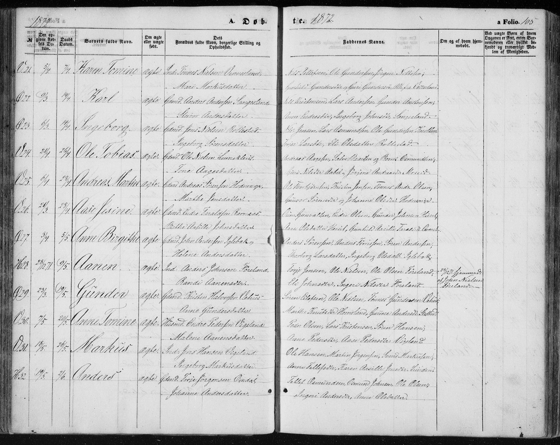 Vennesla sokneprestkontor, SAK/1111-0045/Fa/Fac/L0007: Parish register (official) no. A 7, 1855-1873, p. 105