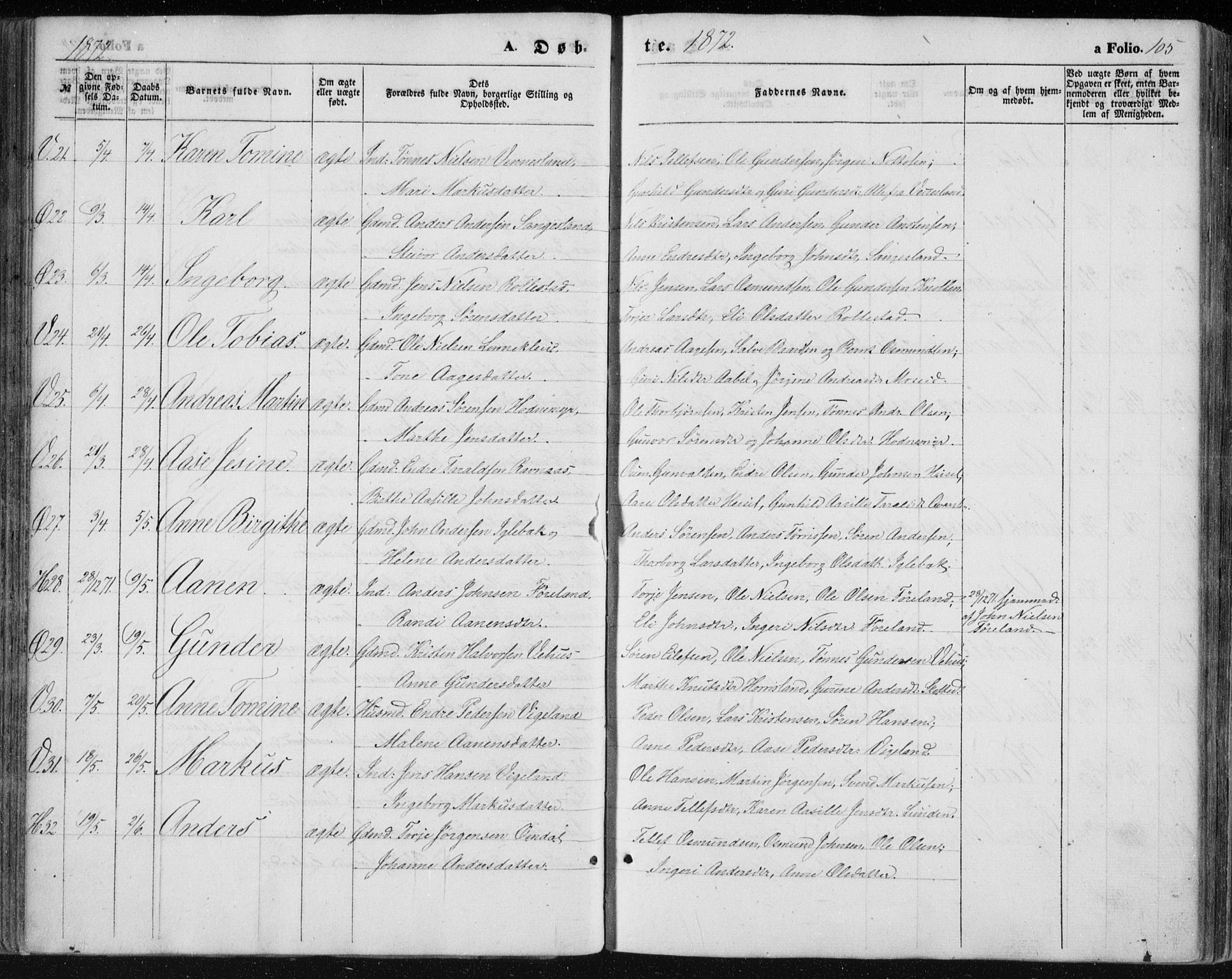 Vennesla sokneprestkontor, AV/SAK-1111-0045/Fa/Fac/L0007: Parish register (official) no. A 7, 1855-1873, p. 105