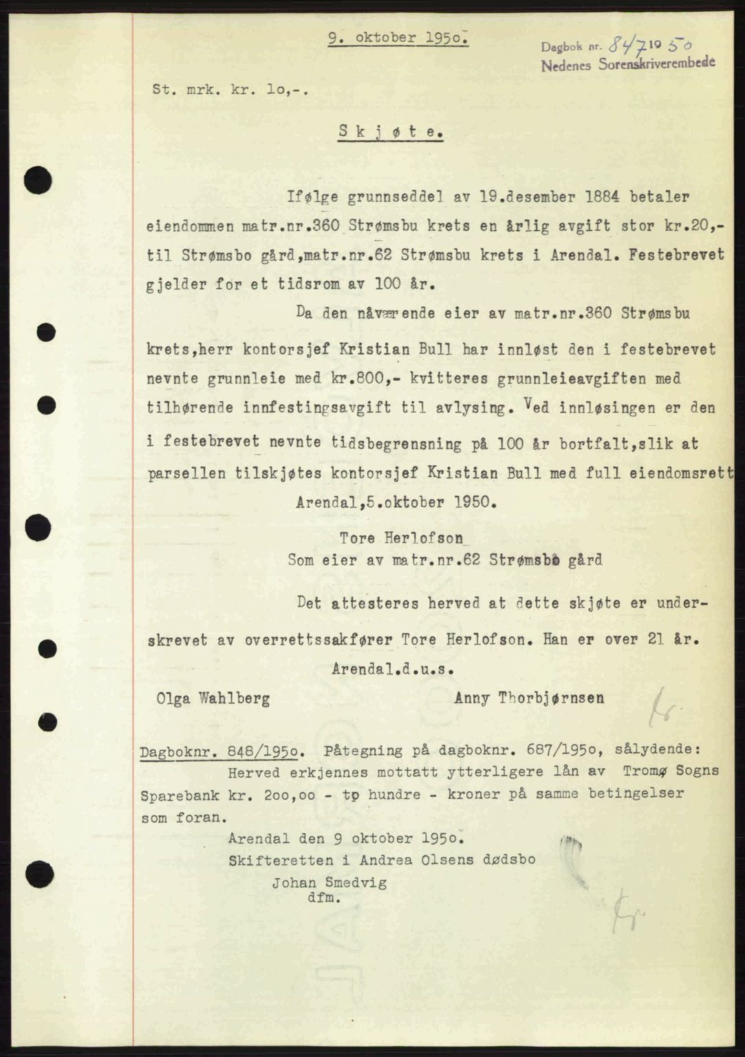 Arendal byfogd, AV/SAK-1222-0001/G/Gb/Gba/L0039: Mortgage book no. A40, 1950-1950, Diary no: : 847/1950