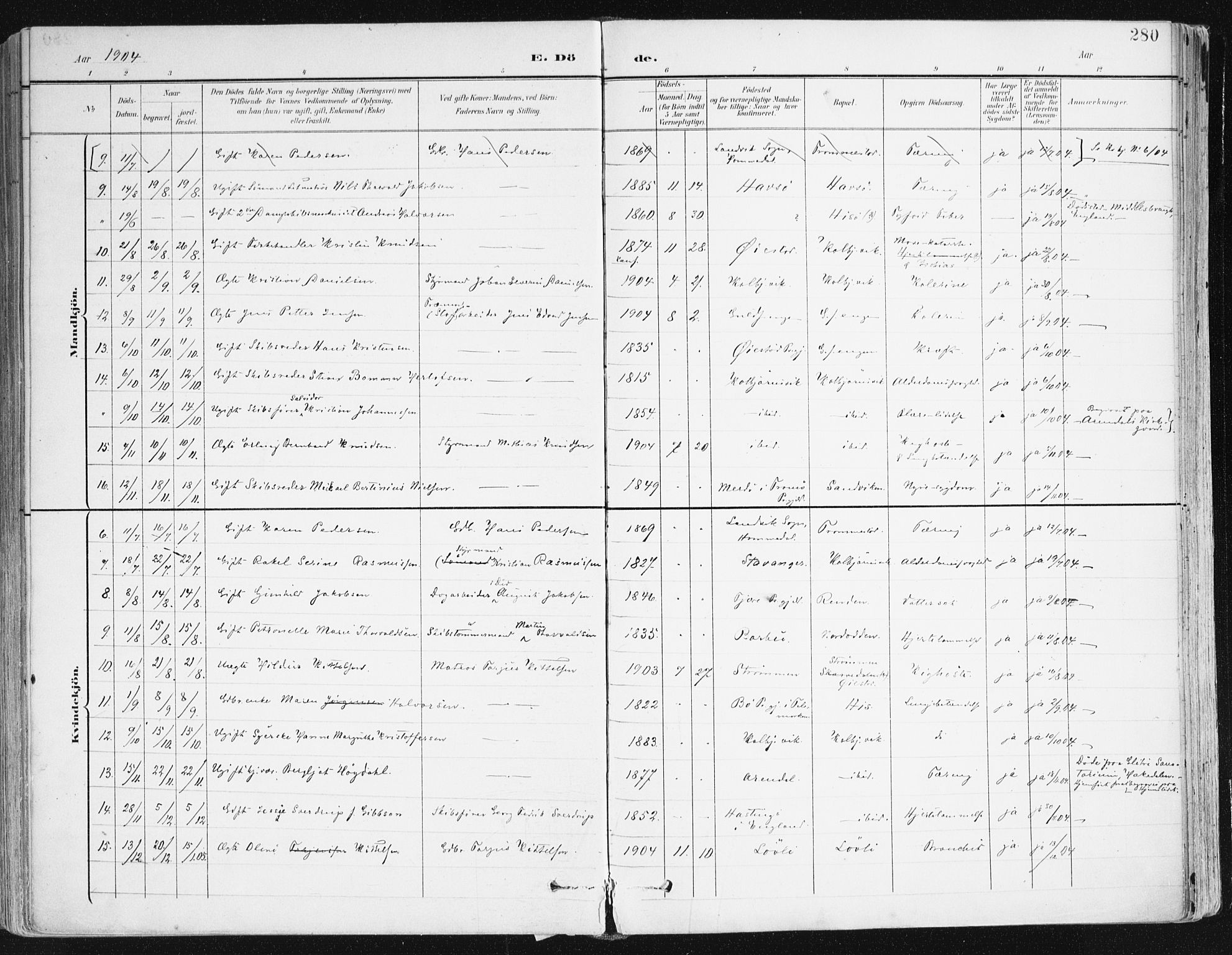 Hisøy sokneprestkontor, SAK/1111-0020/F/Fa/L0004: Parish register (official) no. A 4, 1895-1917, p. 280