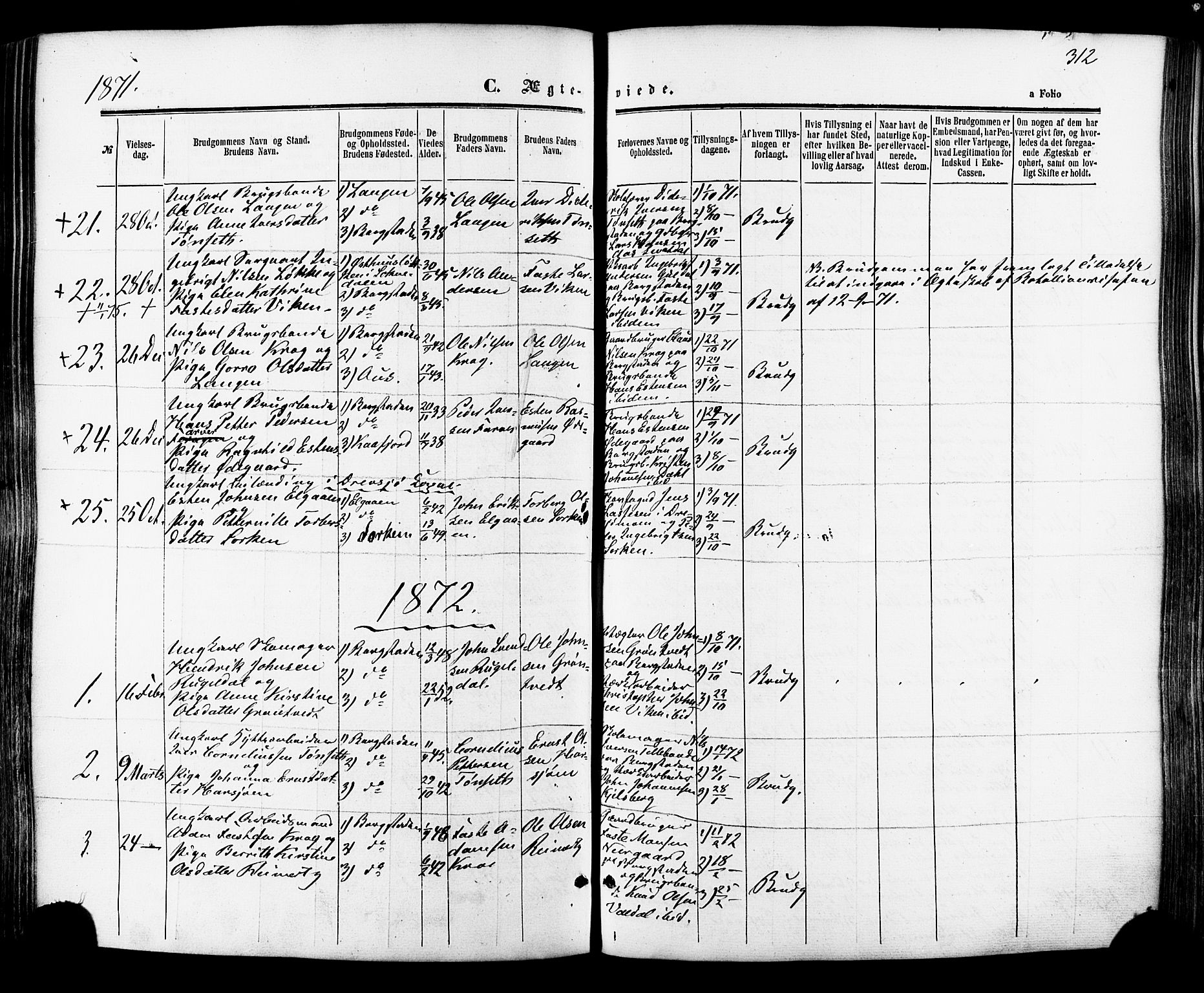 Ministerialprotokoller, klokkerbøker og fødselsregistre - Sør-Trøndelag, SAT/A-1456/681/L0932: Parish register (official) no. 681A10, 1860-1878, p. 312