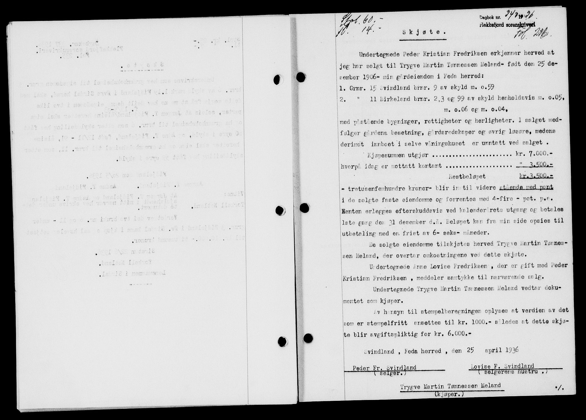 Flekkefjord sorenskriveri, SAK/1221-0001/G/Gb/Gba/L0053: Mortgage book no. A-1, 1936-1937, Diary no: : 343/1936