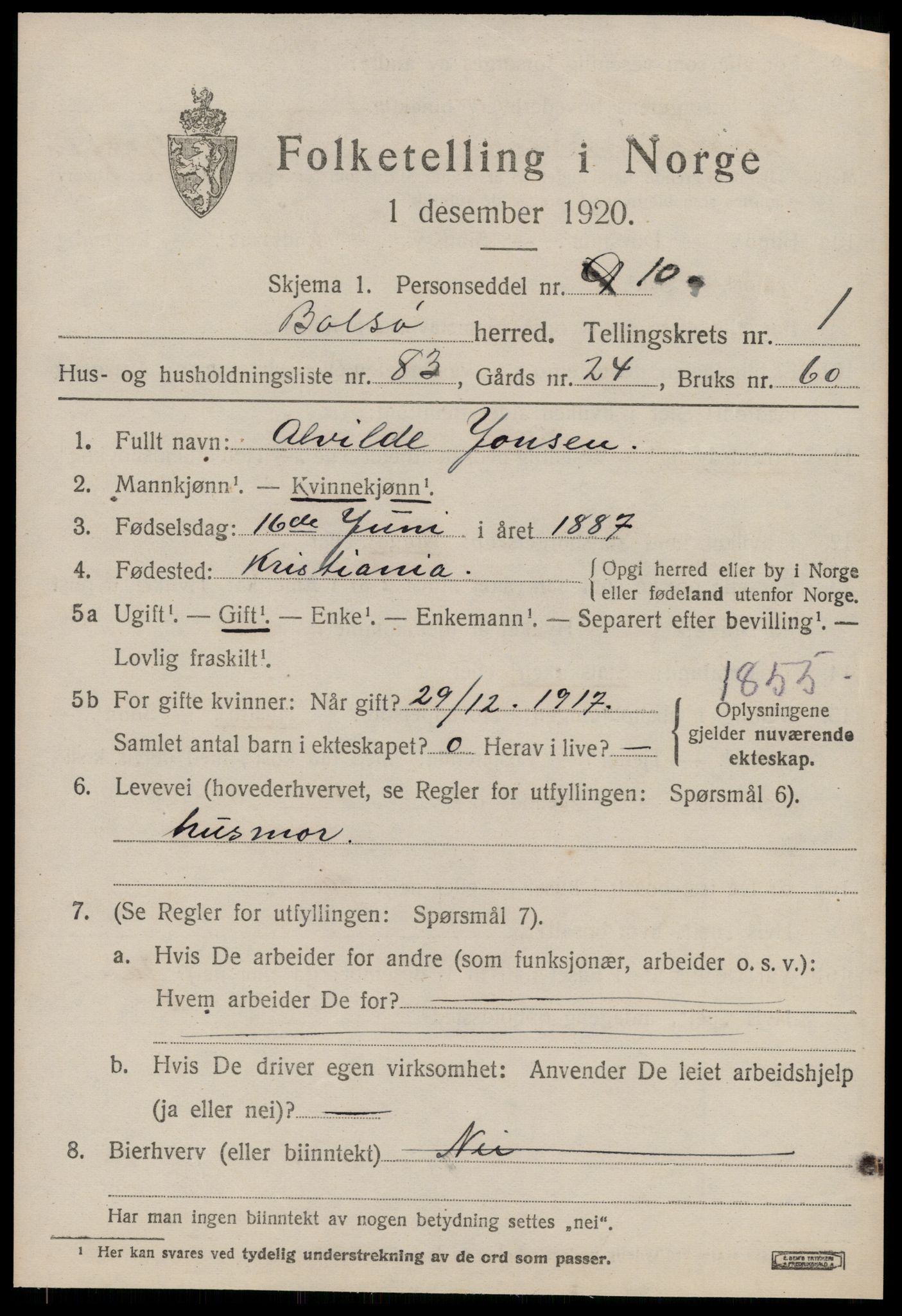 SAT, 1920 census for Bolsøy, 1920, p. 3053