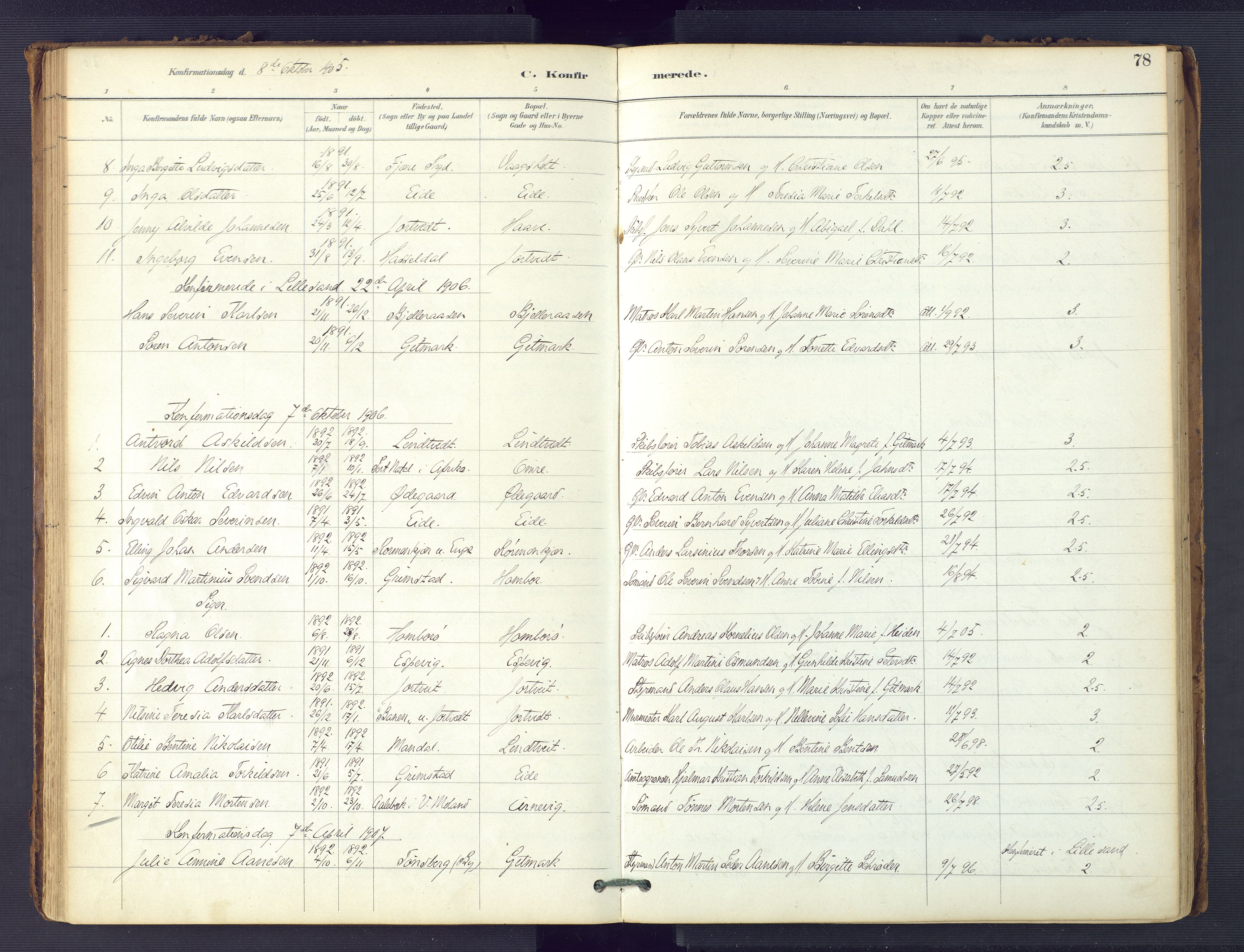 Hommedal sokneprestkontor, SAK/1111-0023/F/Fa/Faa/L0003: Parish register (official) no. A 3, 1885-1916, p. 78