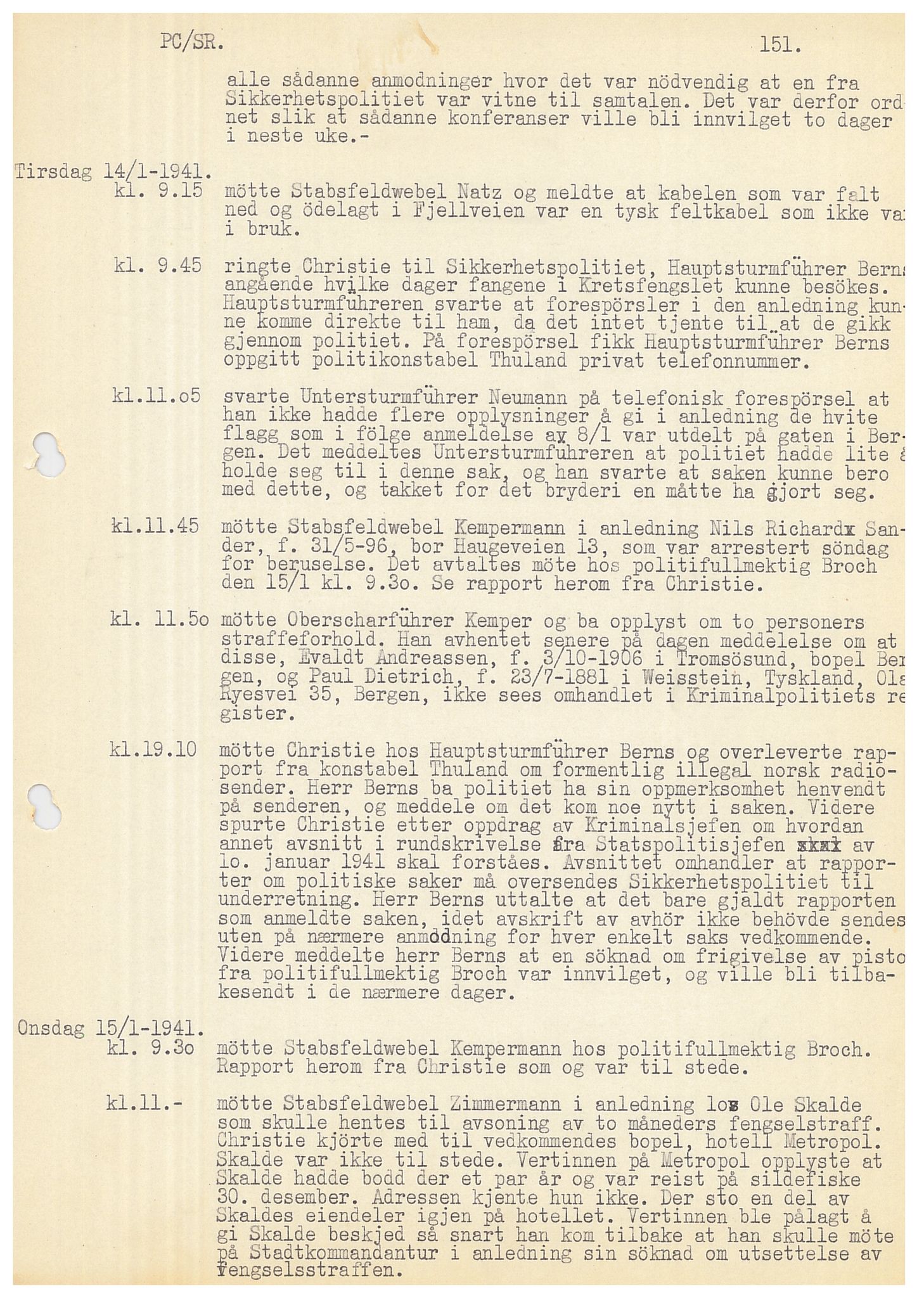 Bergen politikammer / politidistrikt, AV/SAB-A-60401/Y/Ye/L0001: Avskrift av krigsdagbok av Dankert Thuland, 1940-1941, p. 151