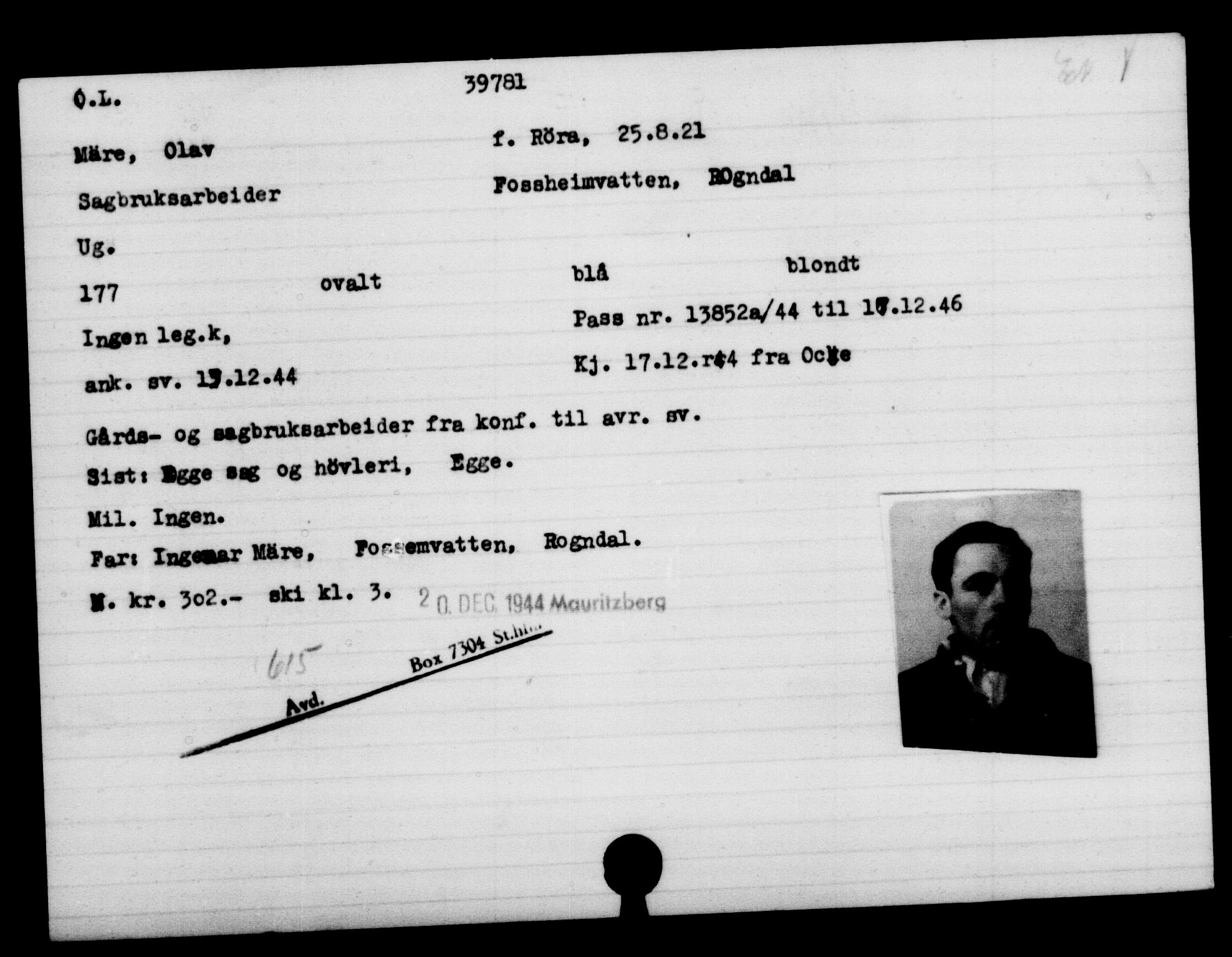 Utenriksstasjonene, Legasjonen i Stockholm, Flyktningkontoret, AV/RA-S-6753/V/Va/L0015: Kjesäterkartoteket, flyktninger med registreringsnr. 37800-40770, 1940-1945, p. 2042