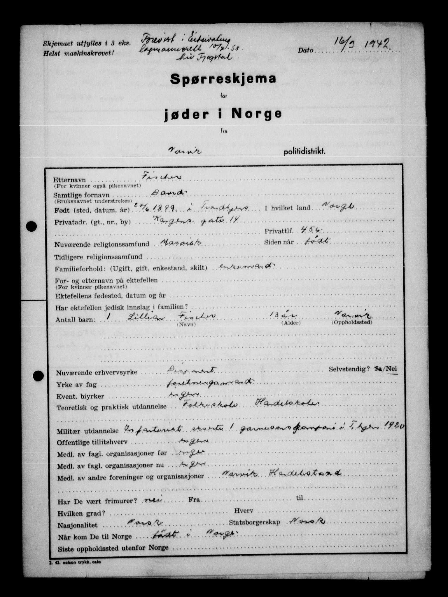 Statspolitiet - Hovedkontoret / Osloavdelingen, AV/RA-S-1329/G/Ga/L0012: Spørreskjema for jøder i Norge. 1: Aker 114- 207 (Levinson-Wozak) og 656 (Salomon). 2: Arendal-Hordaland. 3: Horten-Romerike.  , 1942, p. 820