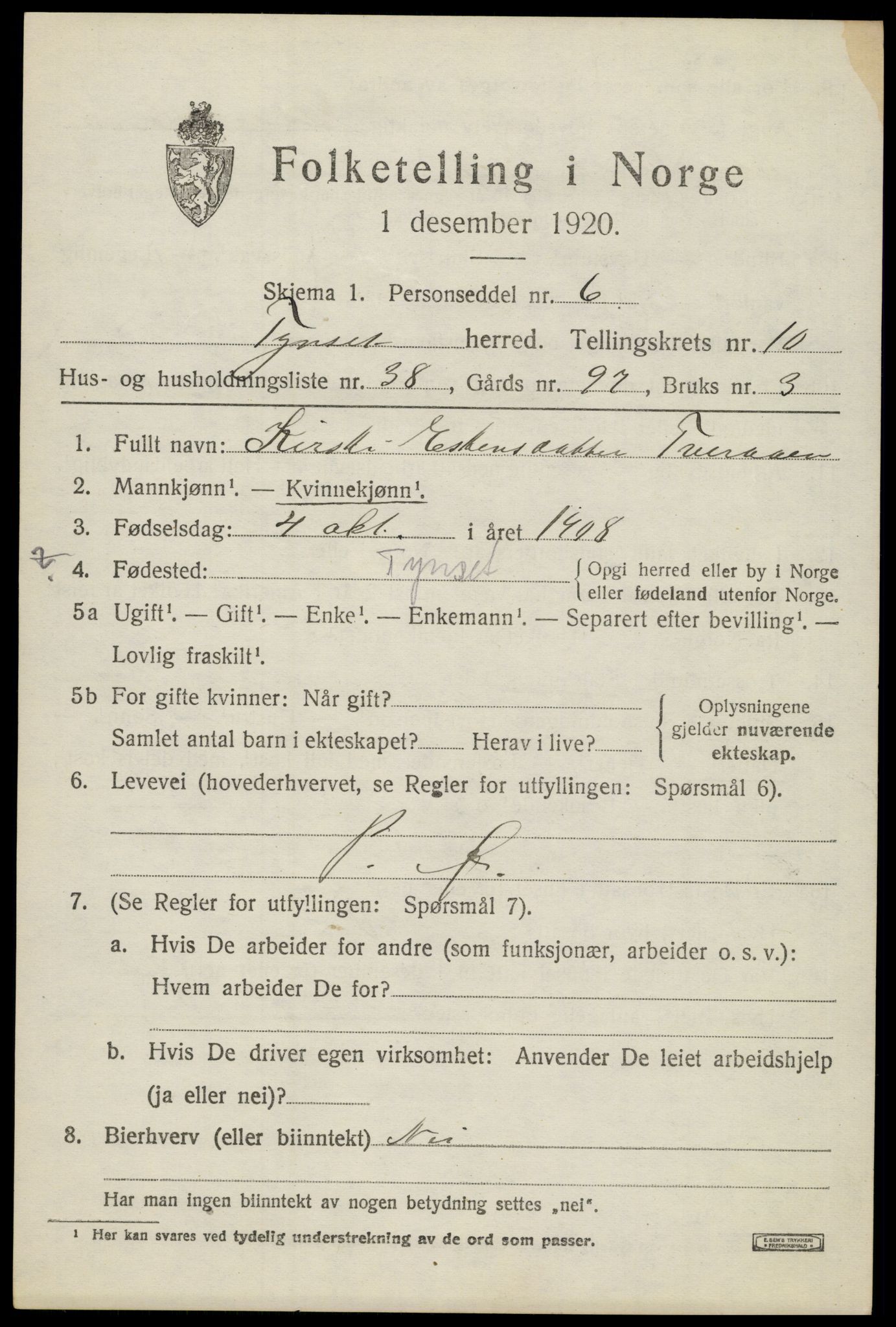 SAH, 1920 census for Tynset, 1920, p. 8022