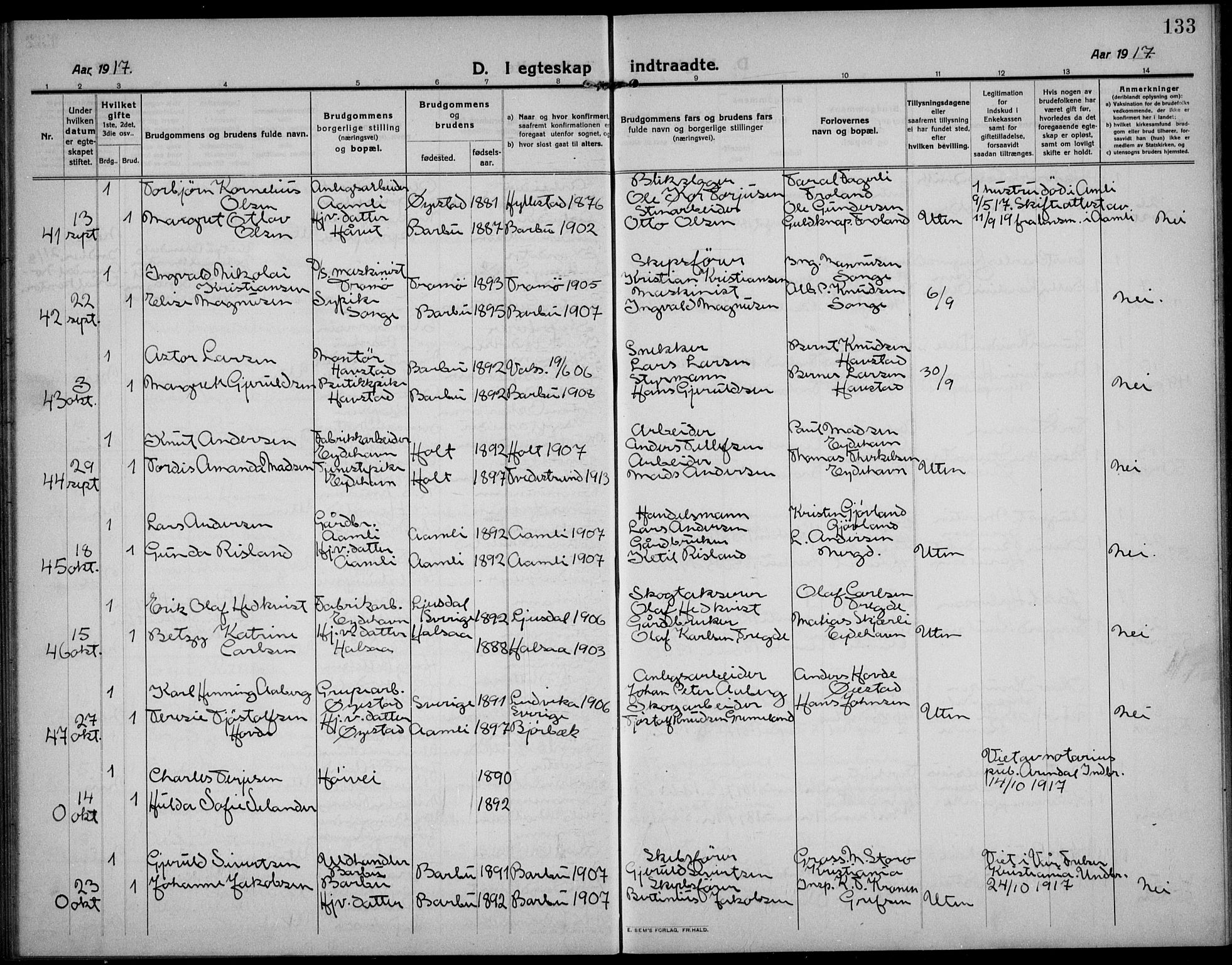 Barbu sokneprestkontor, AV/SAK-1111-0003/F/Fb/L0004: Parish register (copy) no. B 4, 1911-1936, p. 133