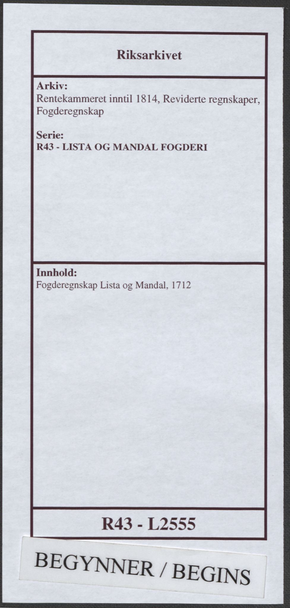 Rentekammeret inntil 1814, Reviderte regnskaper, Fogderegnskap, AV/RA-EA-4092/R43/L2555: Fogderegnskap Lista og Mandal, 1712, p. 1