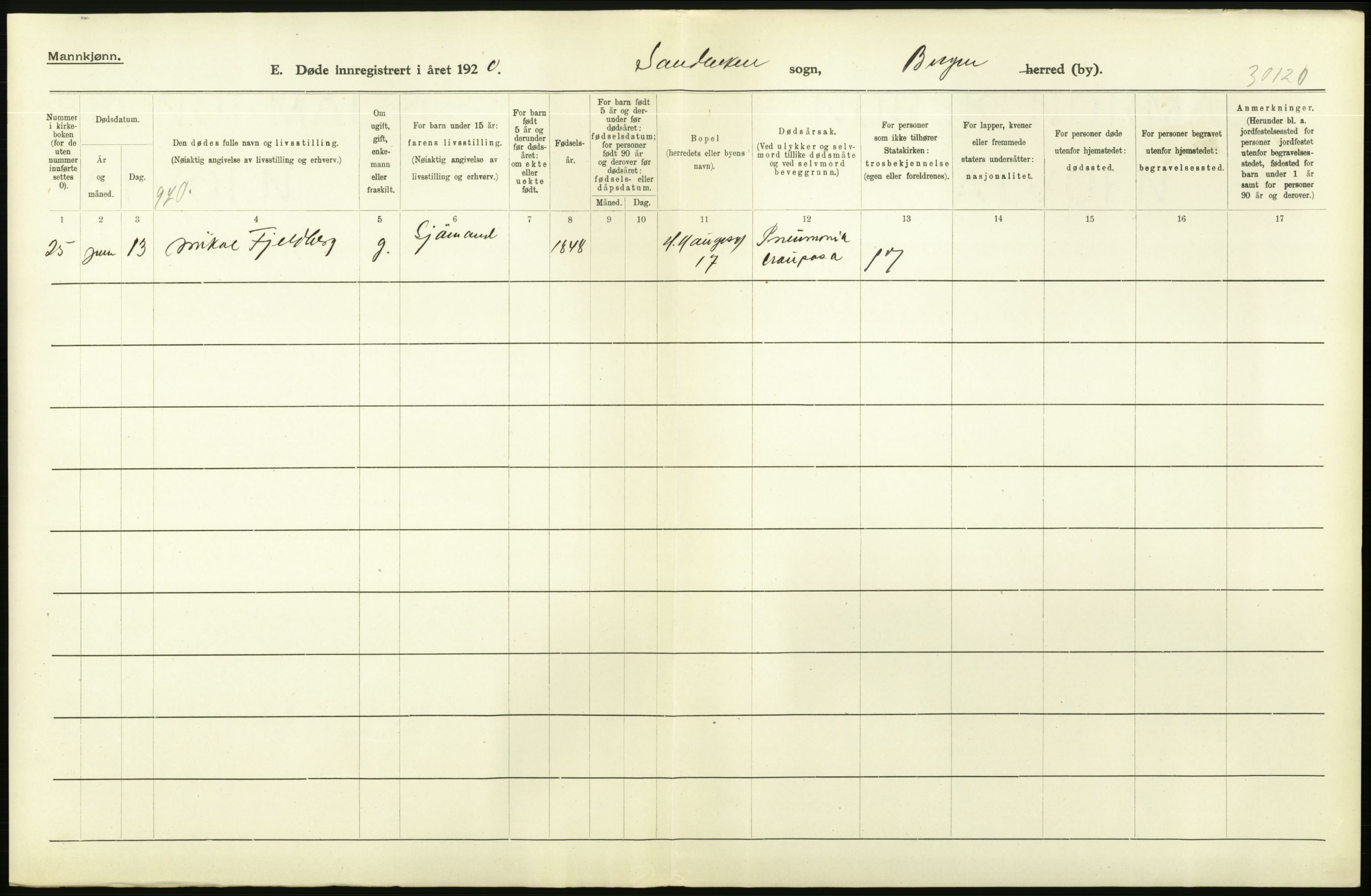 Statistisk sentralbyrå, Sosiodemografiske emner, Befolkning, AV/RA-S-2228/D/Df/Dfb/Dfbj/L0042: Bergen: Gifte, døde, dødfødte., 1920, p. 464