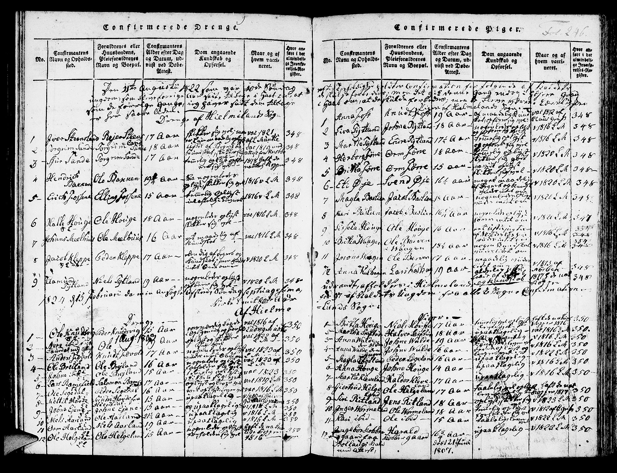Hjelmeland sokneprestkontor, SAST/A-101843/01/IV/L0003: Parish register (official) no. A 3, 1816-1834, p. 246