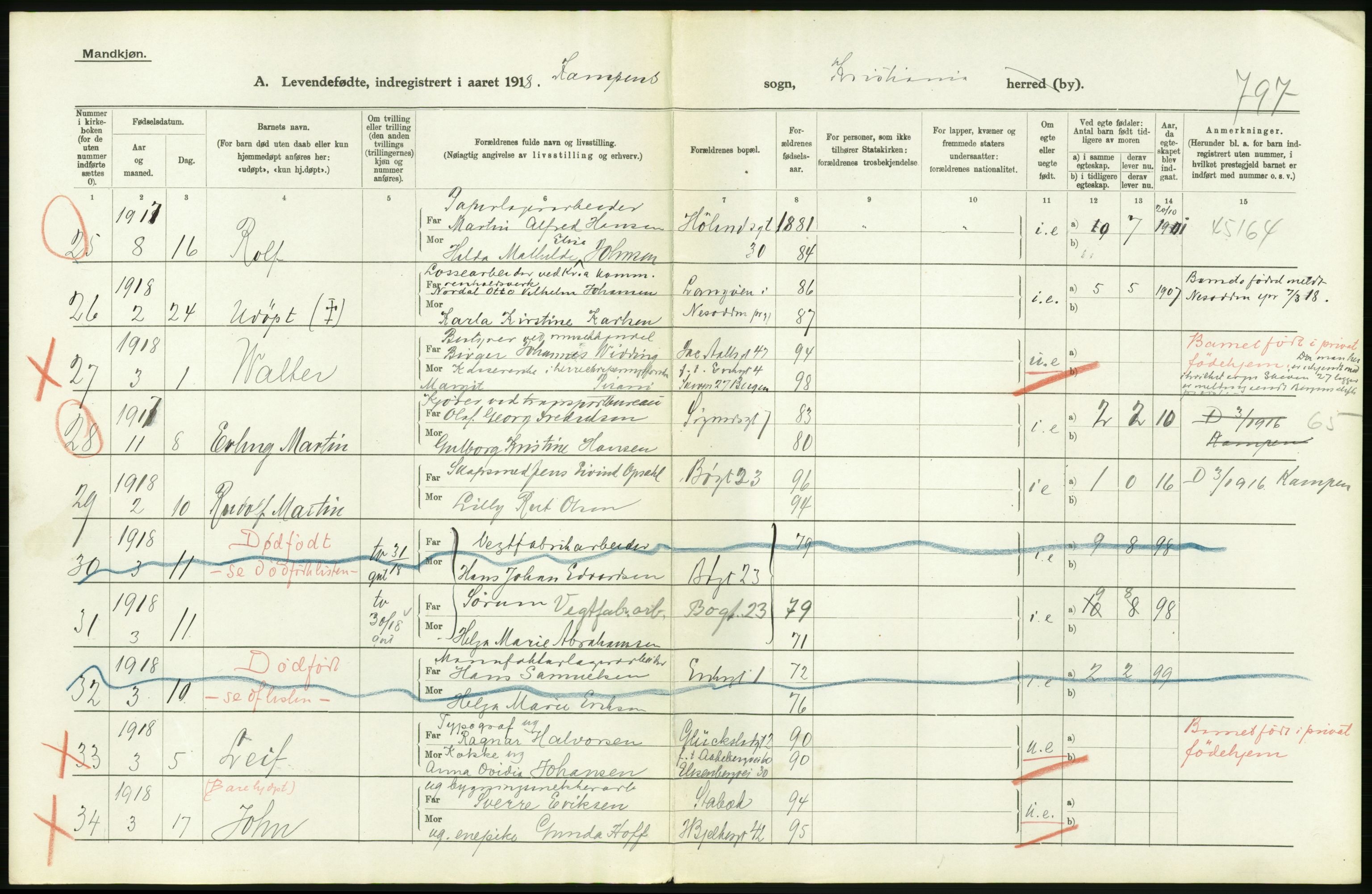 Statistisk sentralbyrå, Sosiodemografiske emner, Befolkning, AV/RA-S-2228/D/Df/Dfb/Dfbh/L0008: Kristiania: Levendefødte menn og kvinner., 1918, p. 312