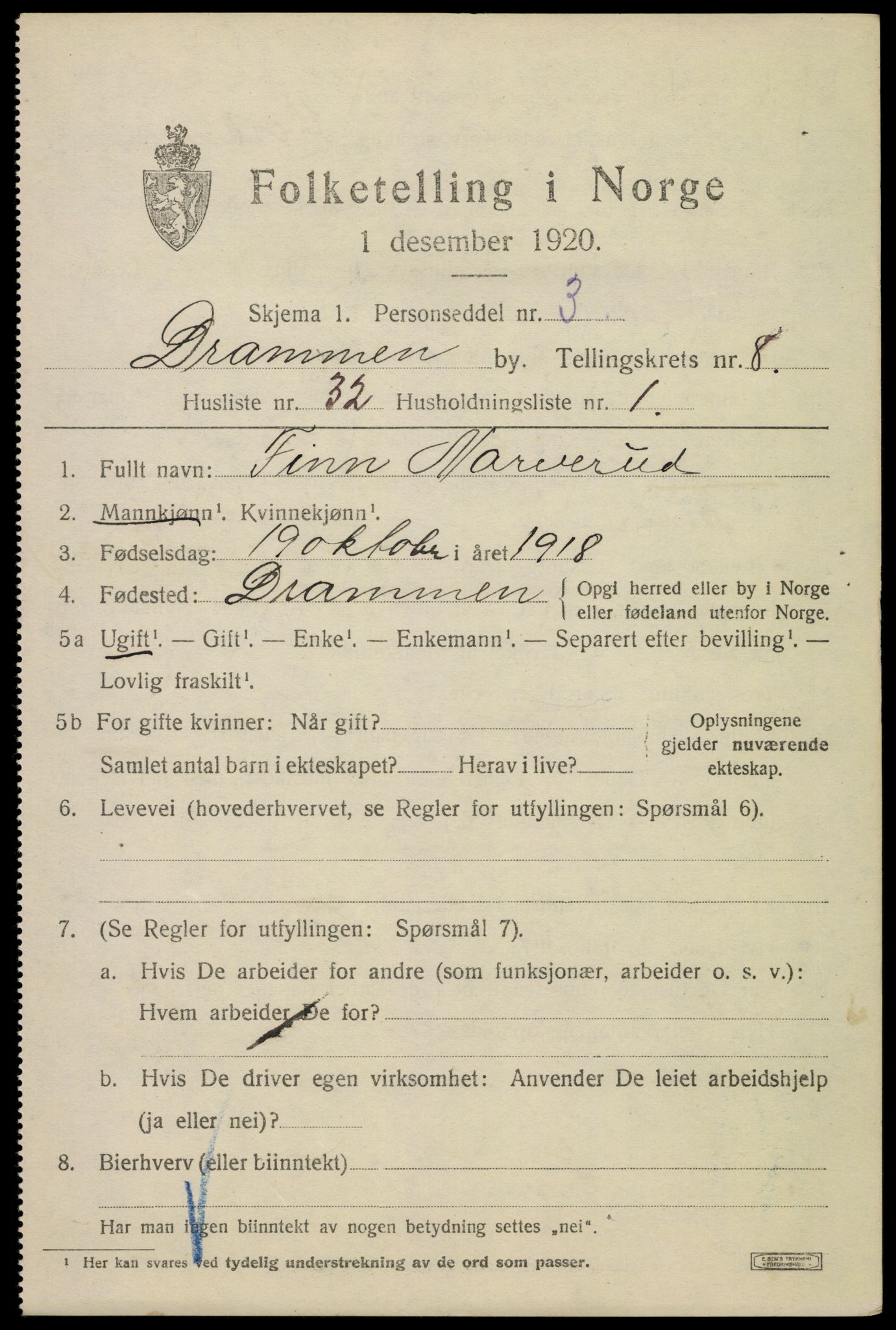 SAKO, 1920 census for Drammen, 1920, p. 54165