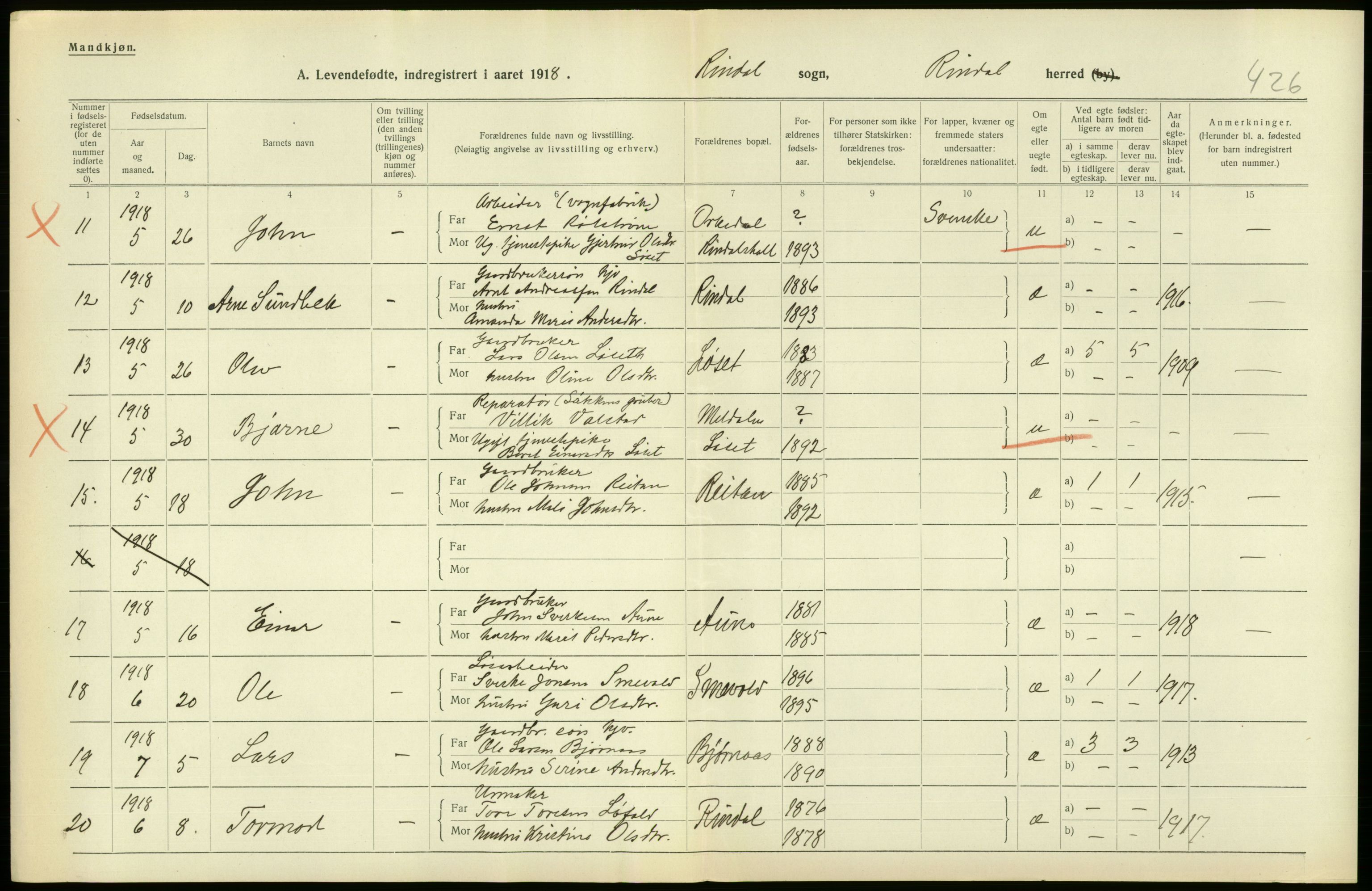 Statistisk sentralbyrå, Sosiodemografiske emner, Befolkning, RA/S-2228/D/Df/Dfb/Dfbh/L0043: Møre fylke: Levendefødte menn og kvinner. Bygder., 1918, p. 530