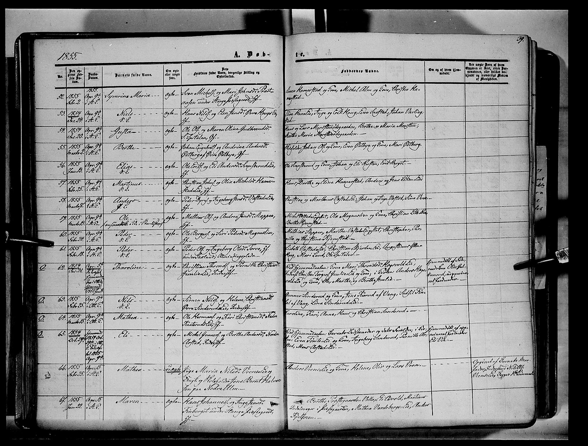 Stange prestekontor, AV/SAH-PREST-002/K/L0012: Parish register (official) no. 12, 1852-1862, p. 39