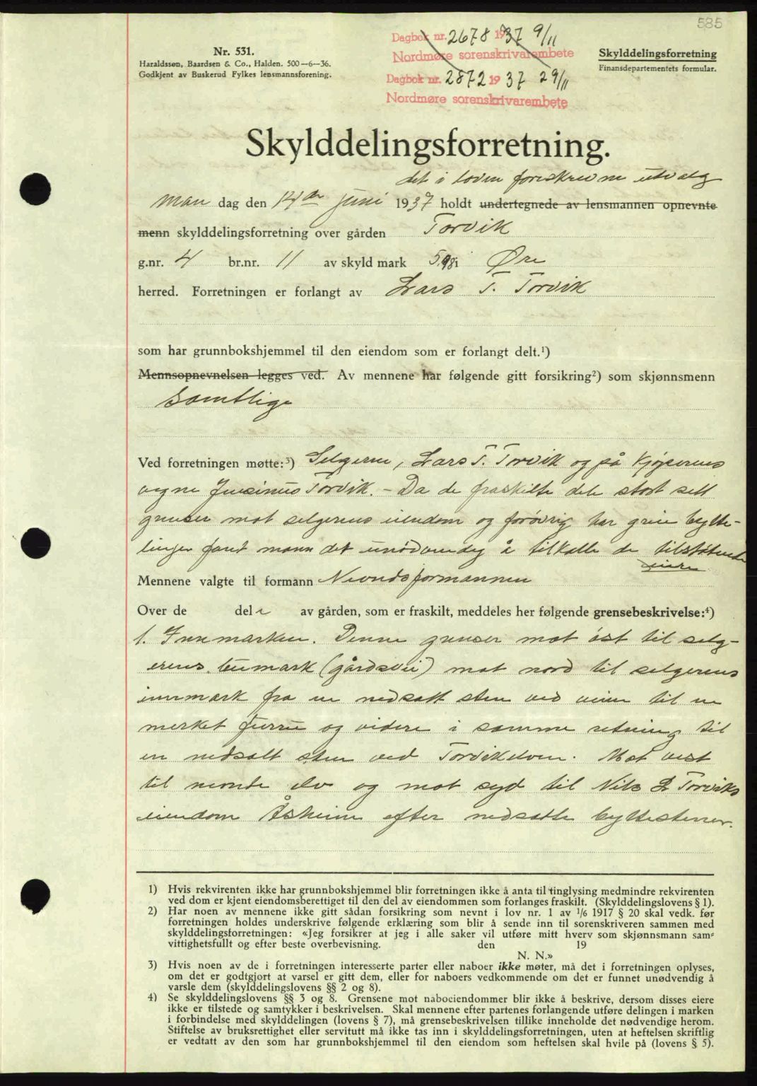 Nordmøre sorenskriveri, SAT/A-4132/1/2/2Ca: Mortgage book no. A82, 1937-1938, Diary no: : 2872/1937