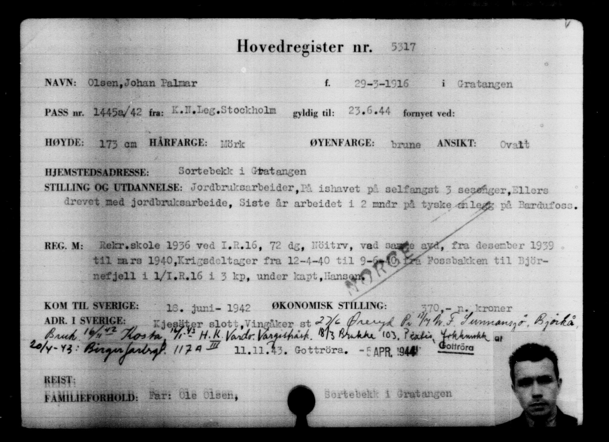 Utenriksstasjonene, Legasjonen i Stockholm, Flyktningkontoret, AV/RA-S-6753/V/Va/L0004: Kjesäterkartoteket, flyktninger med registreringsnr. 3496-6610, 1940-1945, p. 2101