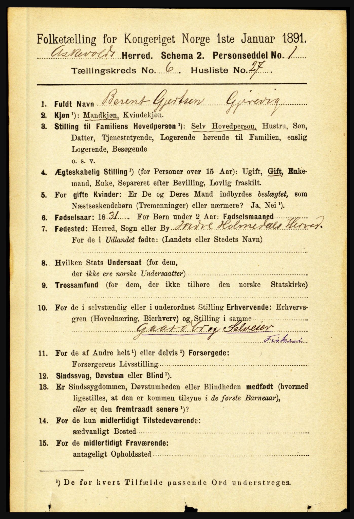 RA, 1891 census for 1428 Askvoll, 1891, p. 1843