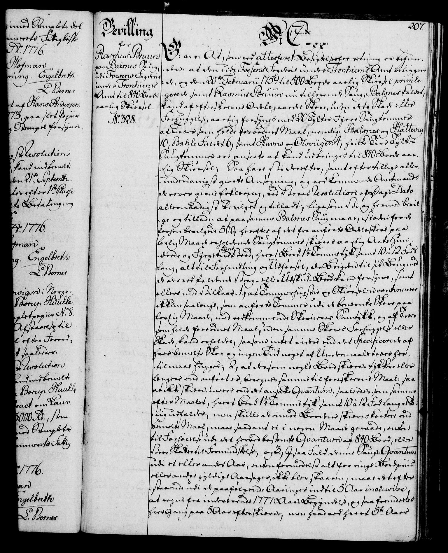 Rentekammeret, Kammerkanselliet, RA/EA-3111/G/Gg/Gga/L0010: Norsk ekspedisjonsprotokoll med register (merket RK 53.10), 1773-1778, p. 207