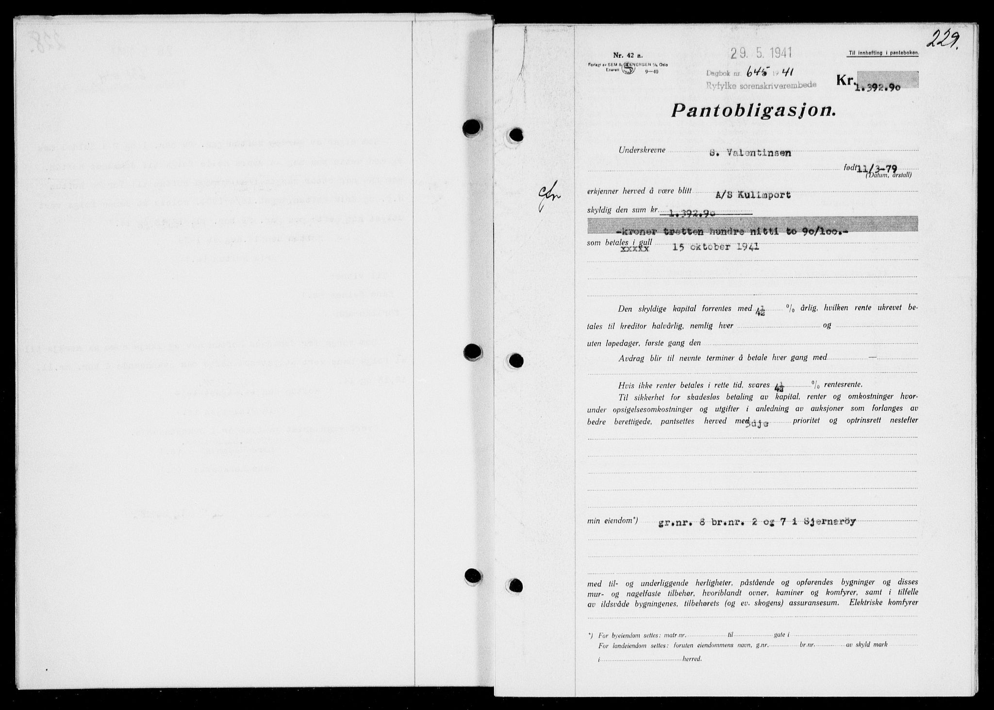 Ryfylke tingrett, SAST/A-100055/001/II/IIB/L0083: Mortgage book no. 62, 1941-1941, Diary no: : 645/1941